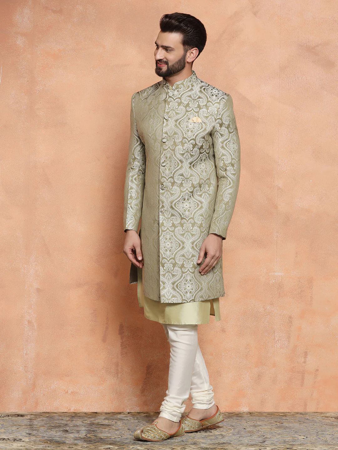 Gold Silk Blend Jacquard Sherwani Set - Image 5