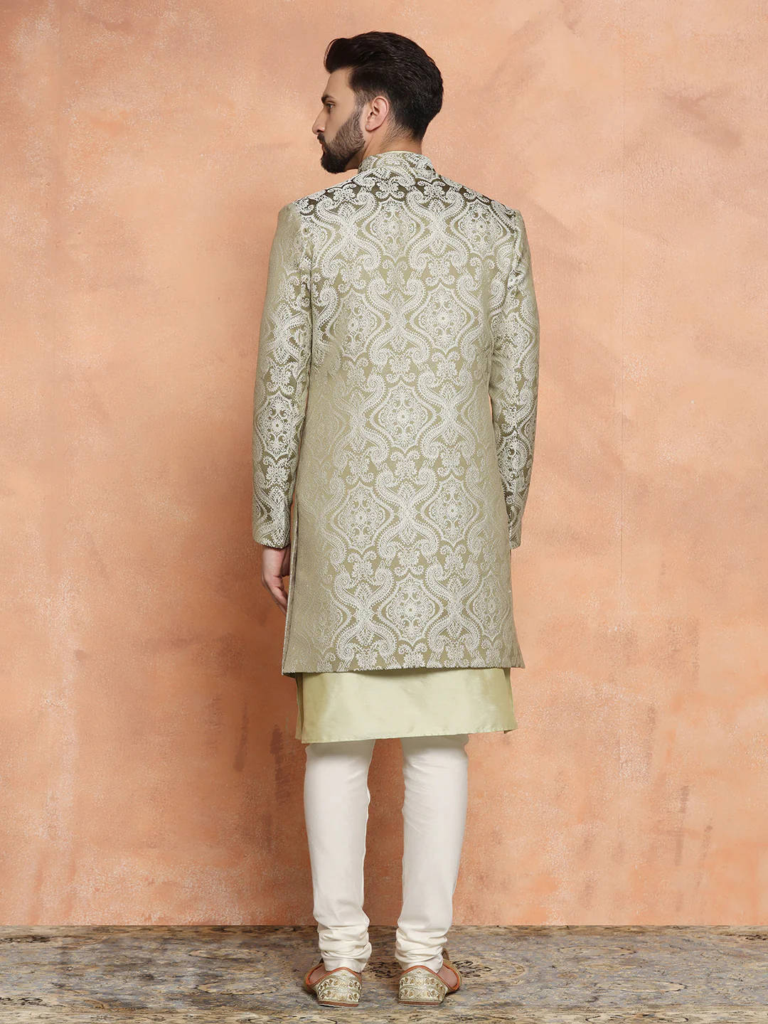 Gold Silk Blend Jacquard Sherwani Set - Image 6