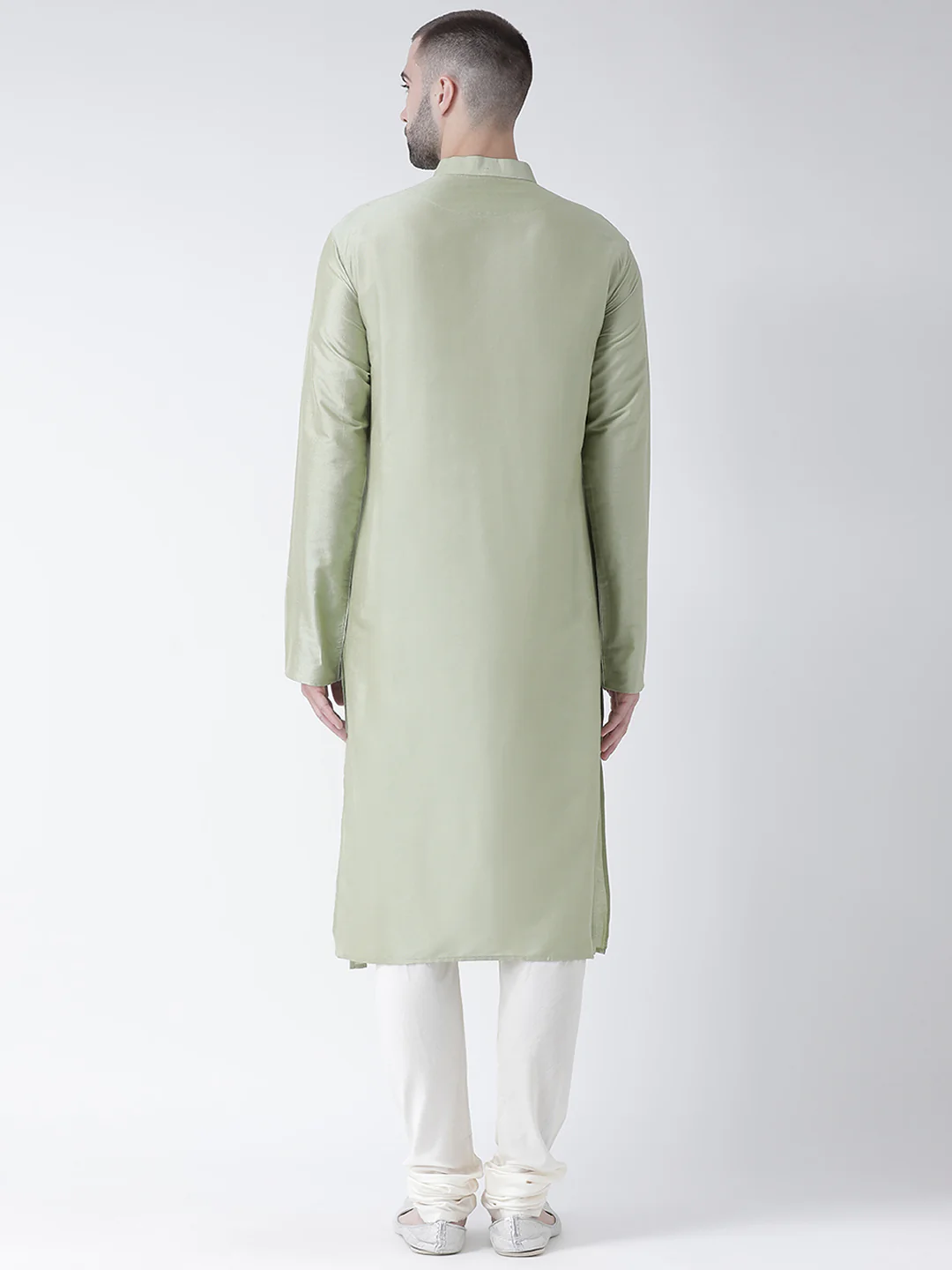 Light Green Silk Blend Kurta Set with Minimalistic Design and Cream Churidar â€“ Festive & Wedding Ensemble - Image 2