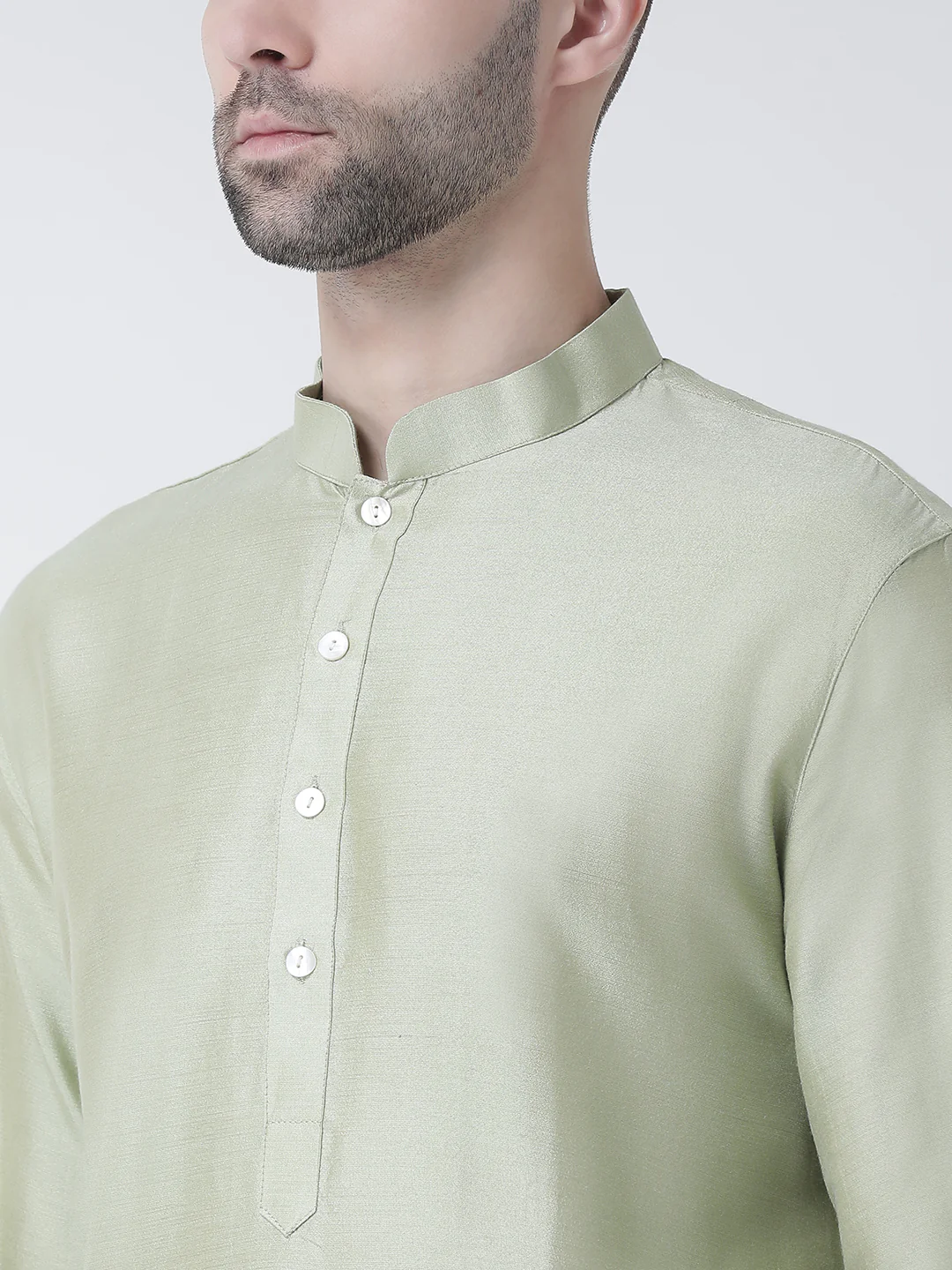 Light Green Silk Blend Kurta Set with Minimalistic Design and Cream Churidar â€“ Festive & Wedding Ensemble - Image 4