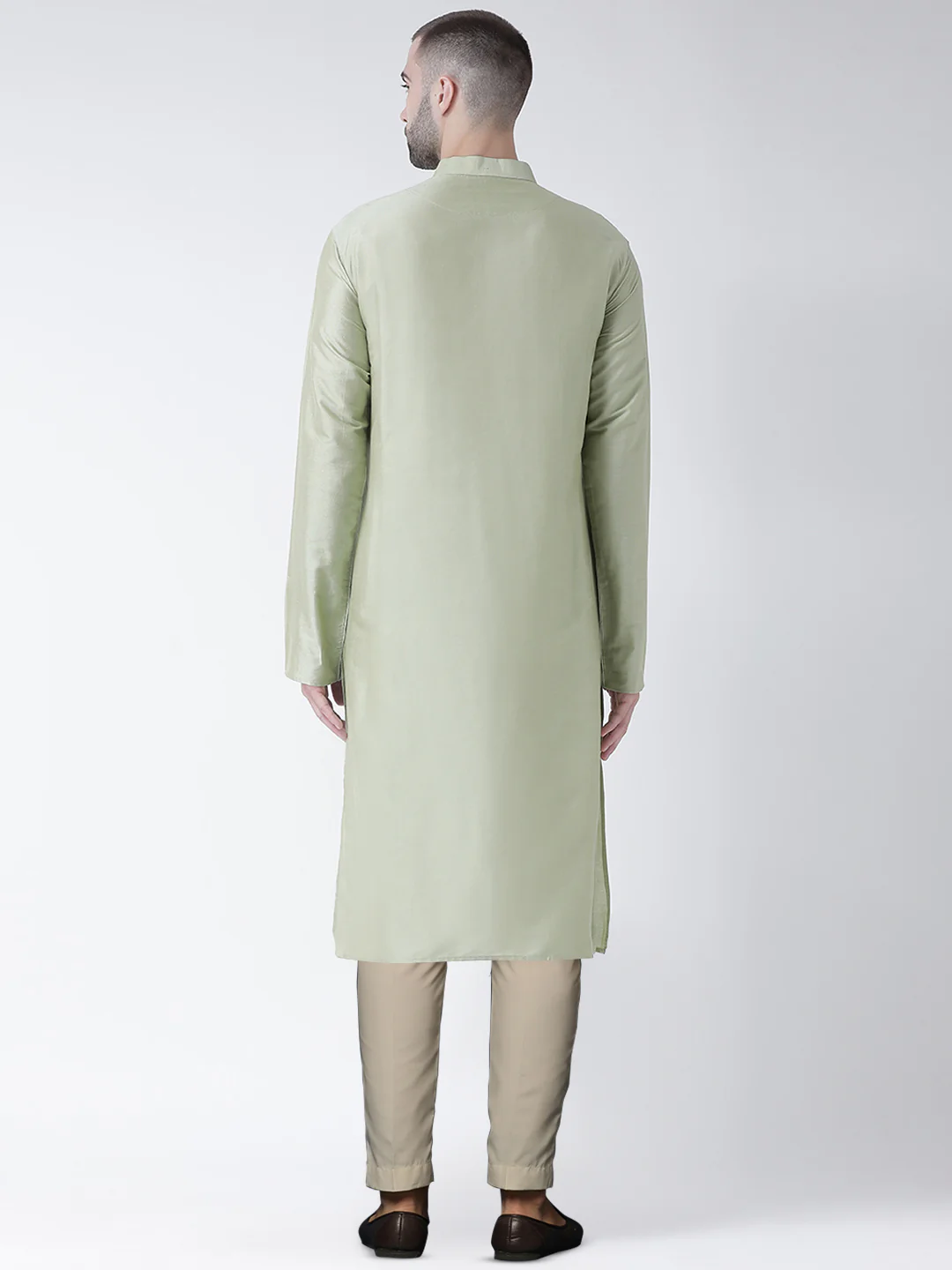 Light Green Silk Blend Kurta Set with Minimalistic Finish and Cream Trousers - Image 3