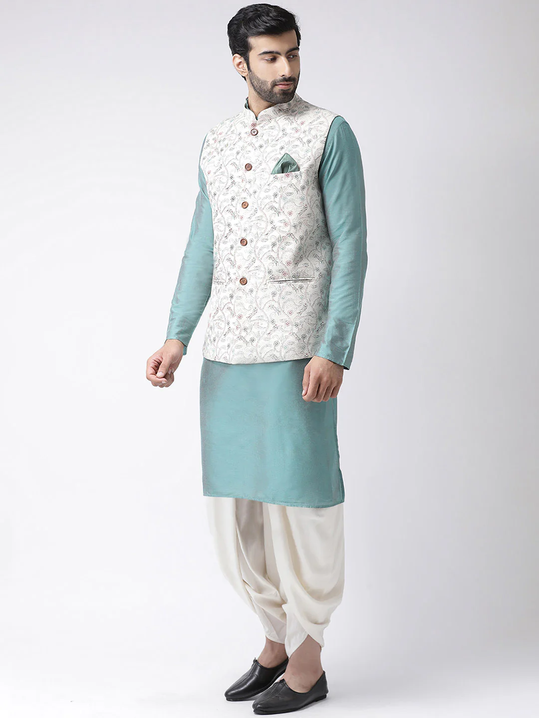 Aqua Blue Silk Blend Kurta Jacket Dhoti Set - Image 2