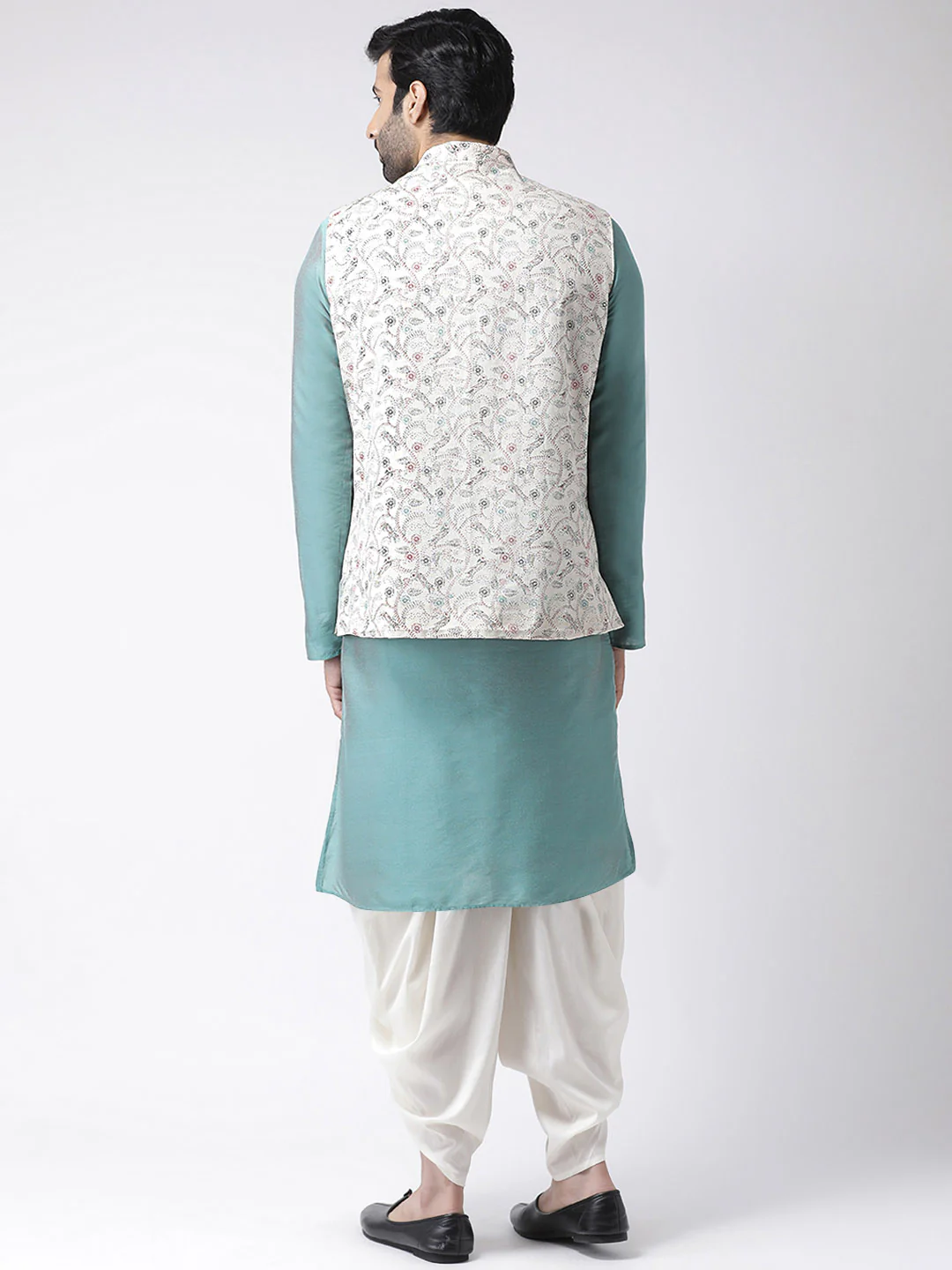 Aqua Blue Silk Blend Kurta Jacket Dhoti Set - Image 3