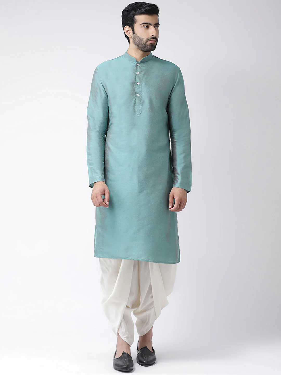 Aqua Blue Silk Blend Kurta Jacket Dhoti Set - Image 4