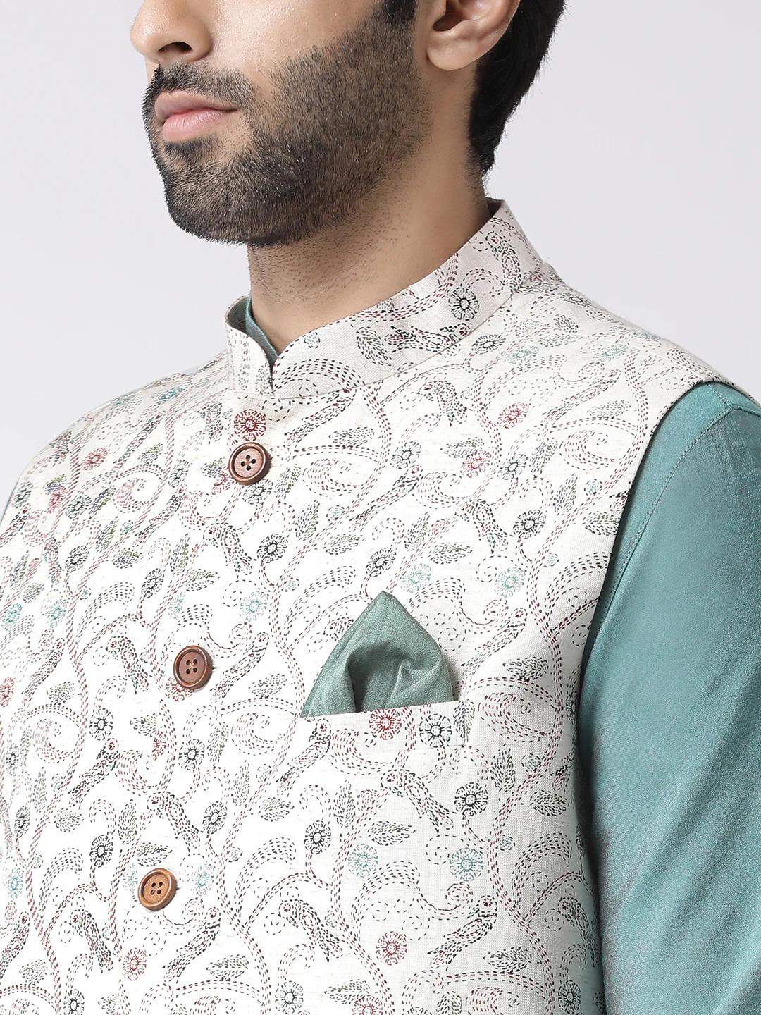 Aqua Blue Silk Blend Kurta Jacket Dhoti Set - Image 5