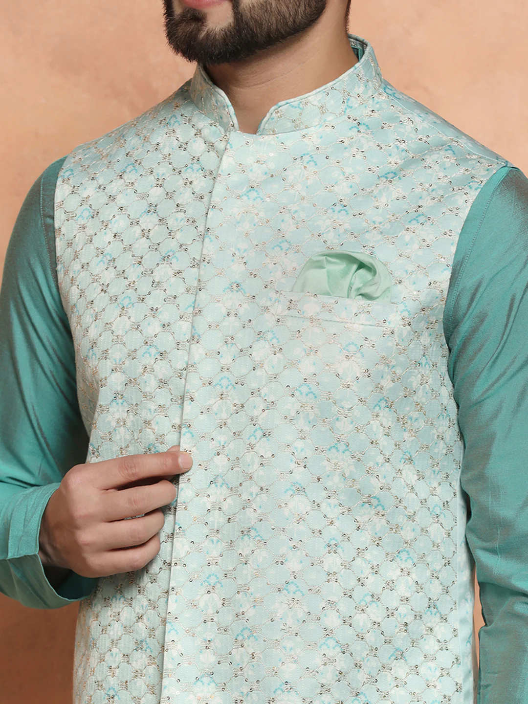 Light Blue Silk Embroidered Nehru Jacket Kurta Set - Image 6