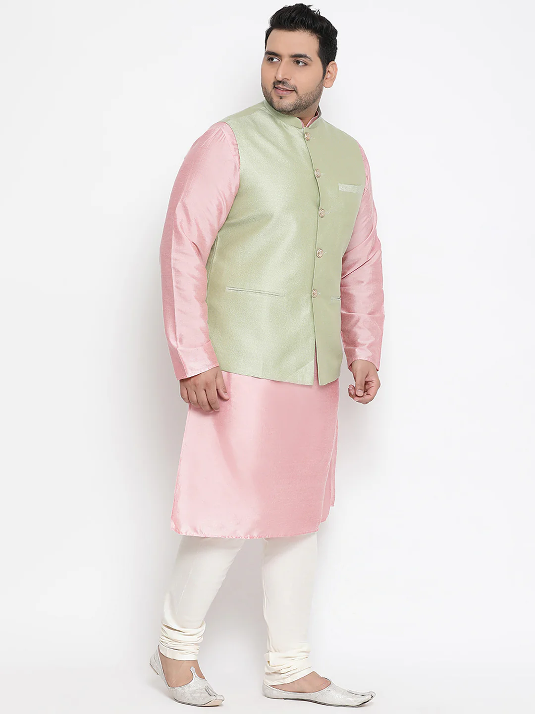 Men's Green Kurta Churidar Jacket Set - Image 7