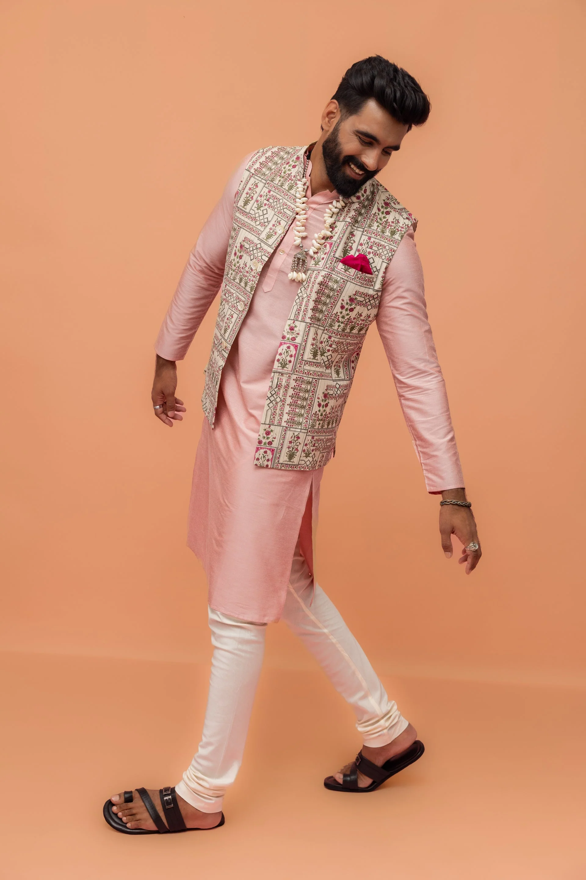 Pink Cotton Silk Kurta with White Printed Nehru Jacket Churidar - Image 10