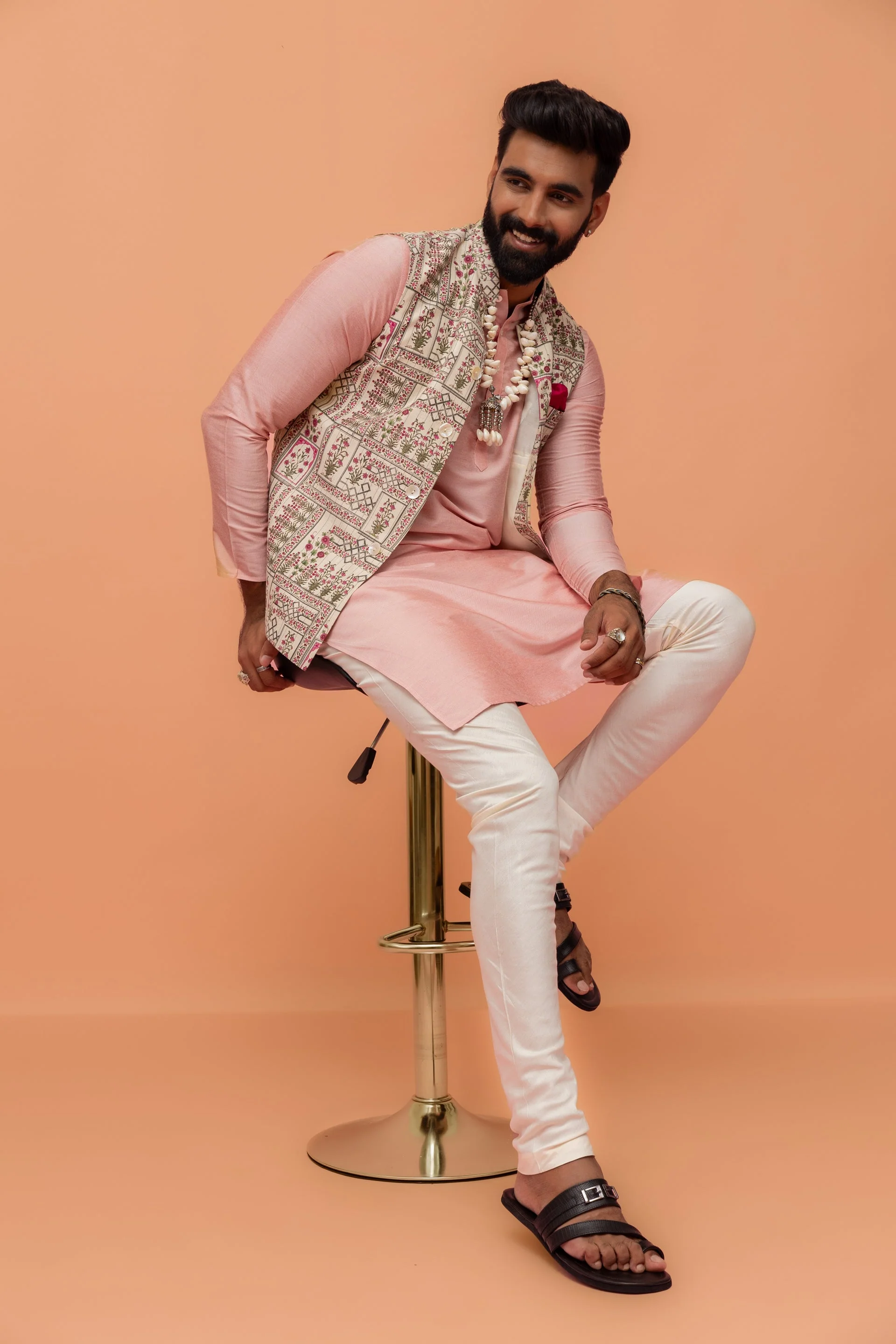 Pink Cotton Silk Kurta with White Printed Nehru Jacket Churidar - Image 17