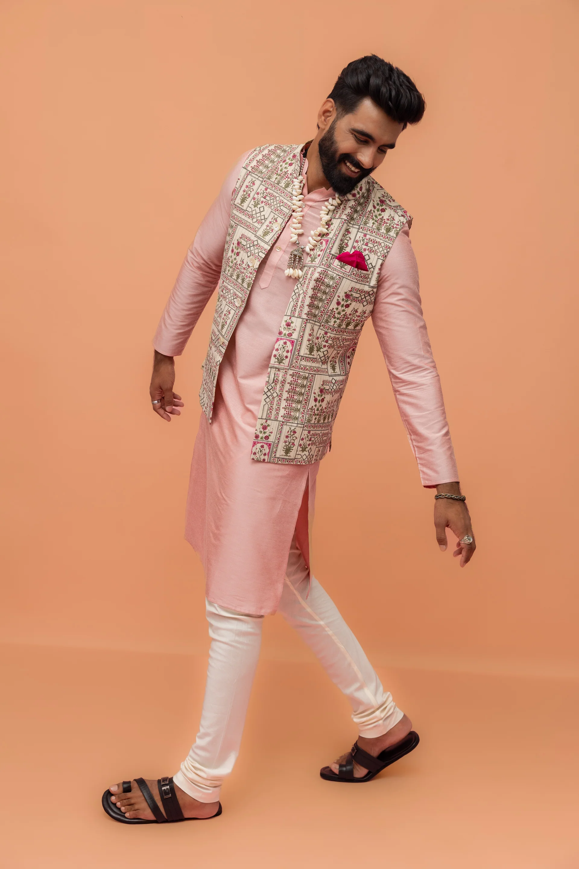 Pink Cotton Silk Kurta with White Printed Nehru Jacket Churidar - Image 2