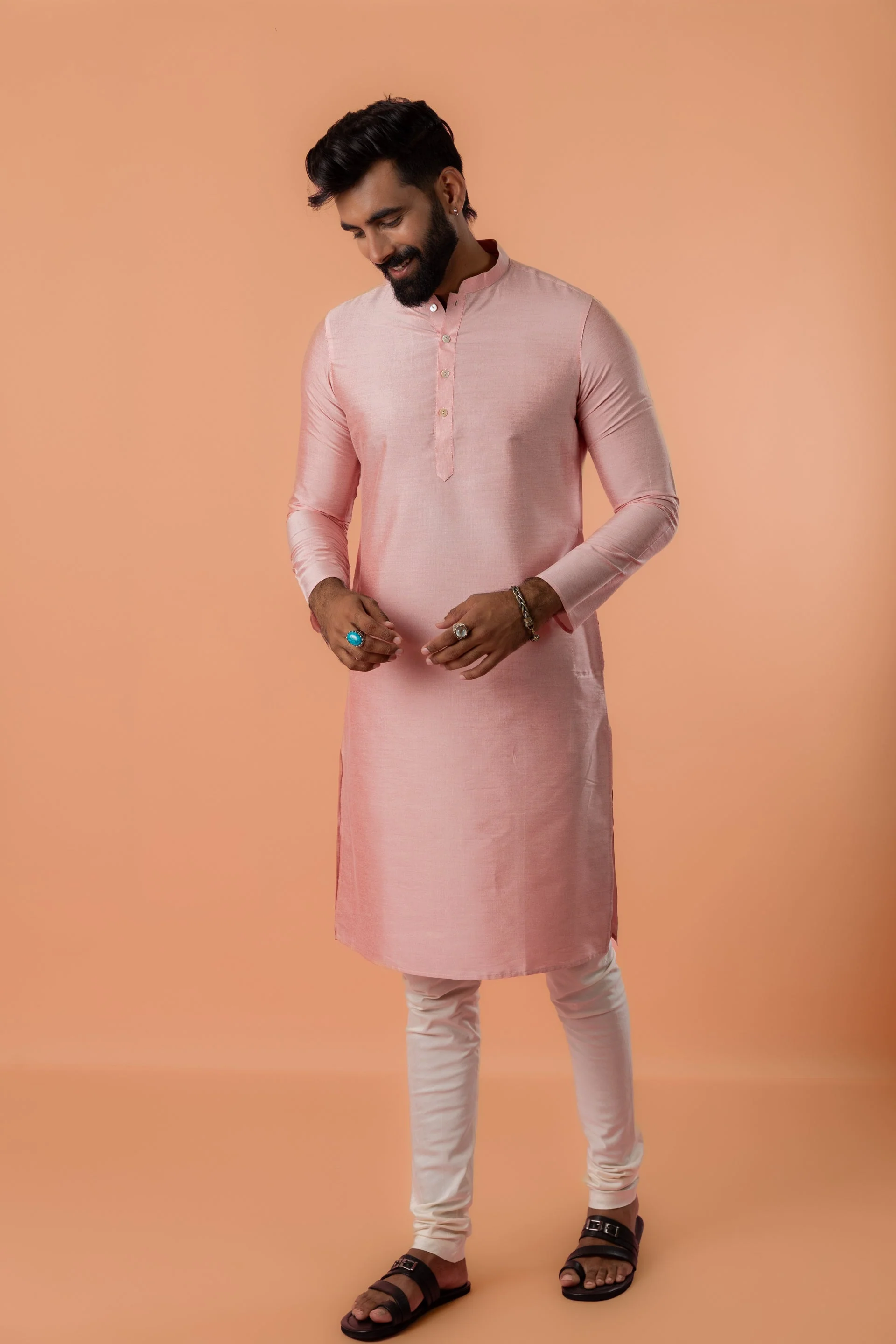 Pink Cotton Silk Kurta with White Printed Nehru Jacket Churidar - Image 20