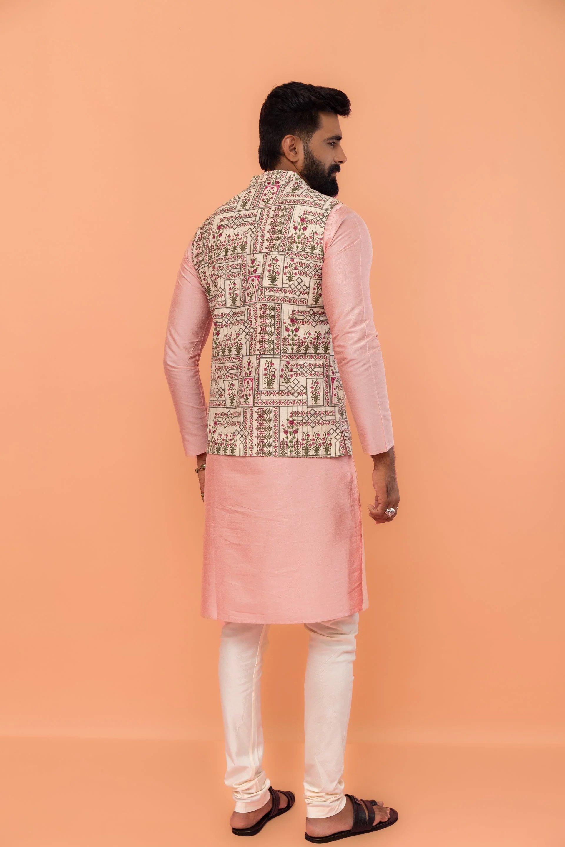 Pink Cotton Silk Kurta with White Printed Nehru Jacket Churidar - Image 21