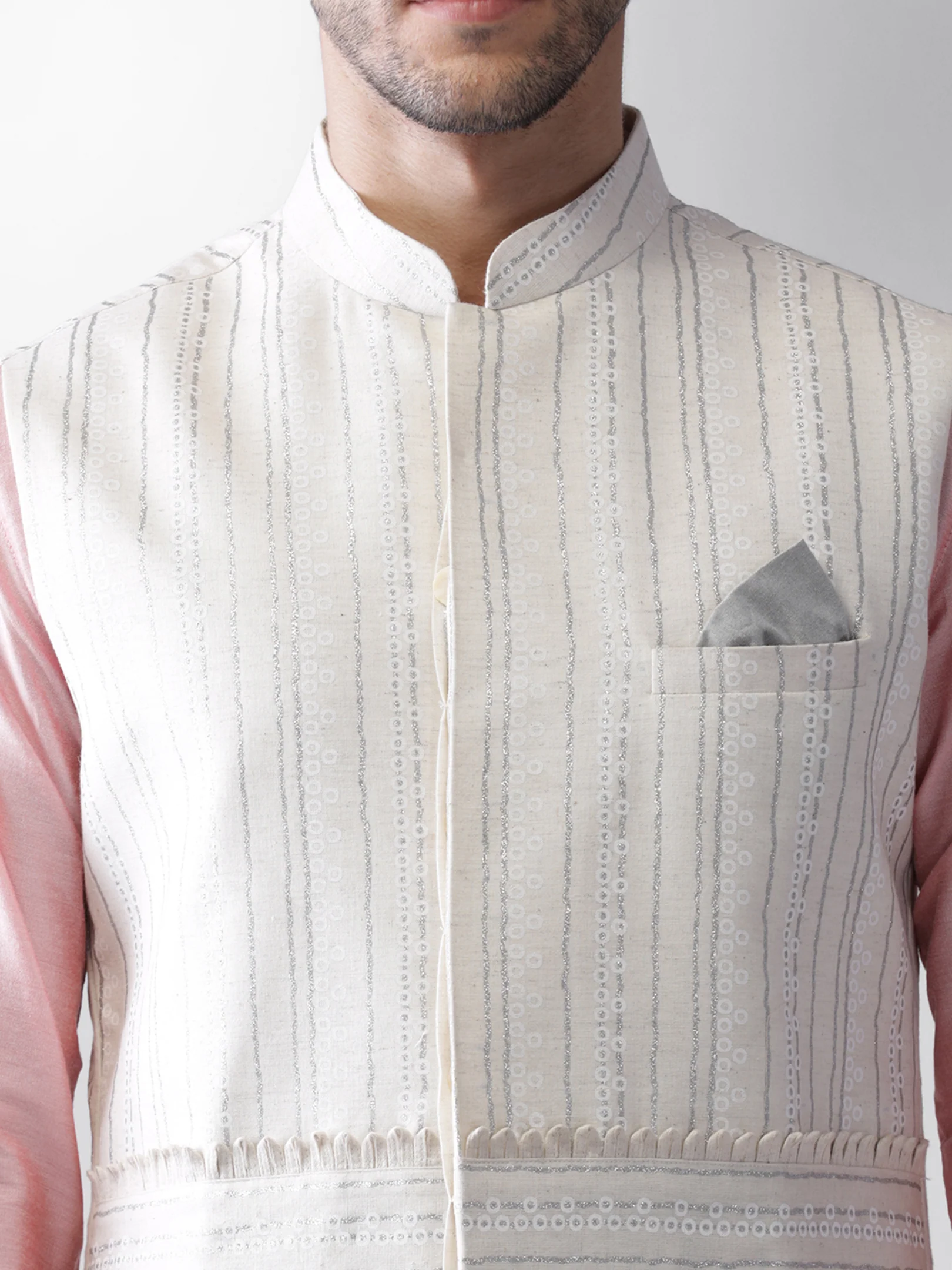 White Printed Jacket Kurta Churidar Set - Image 6