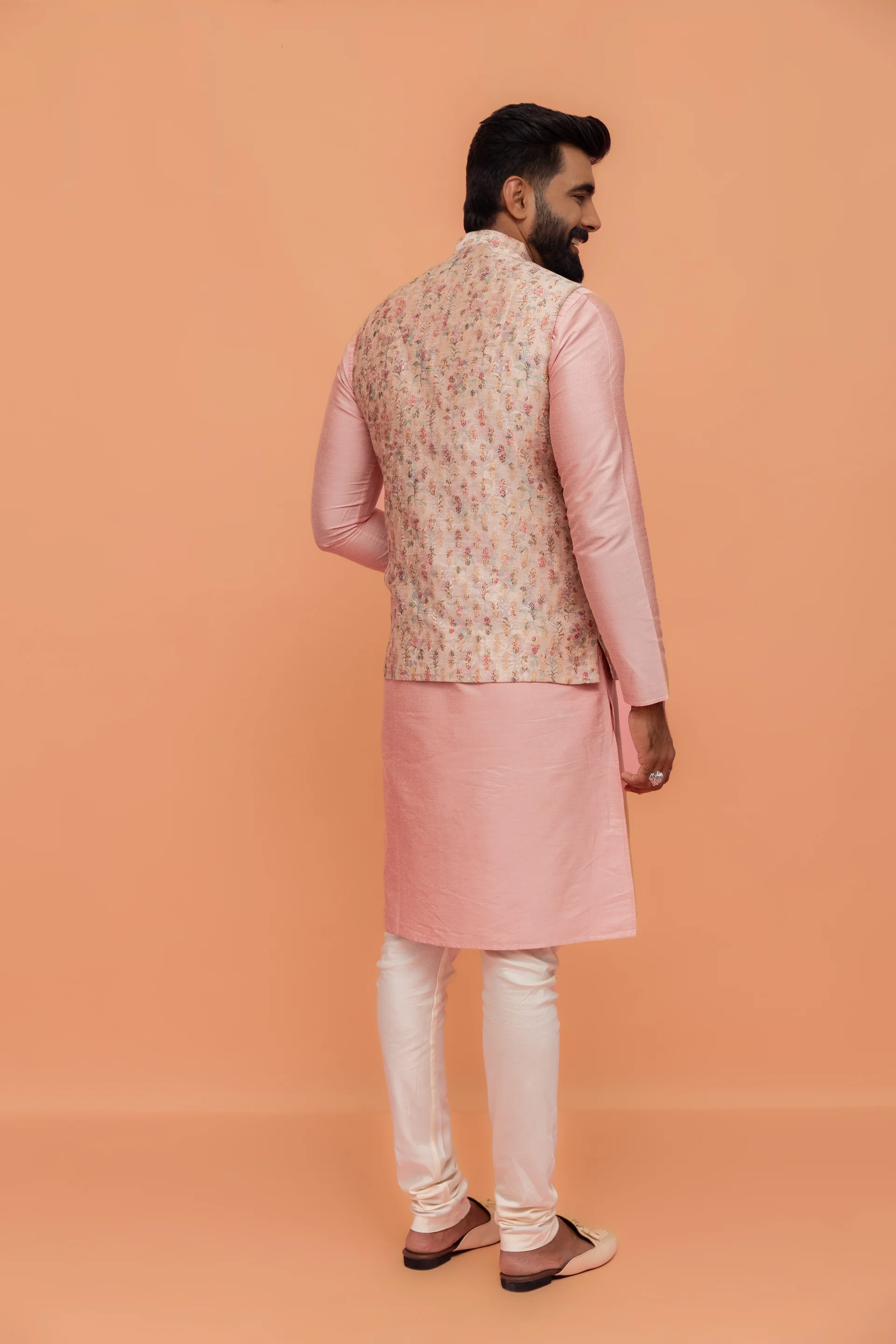 Light Pink Printed Nehru Jacket Kurta Churidar Set - Image 4