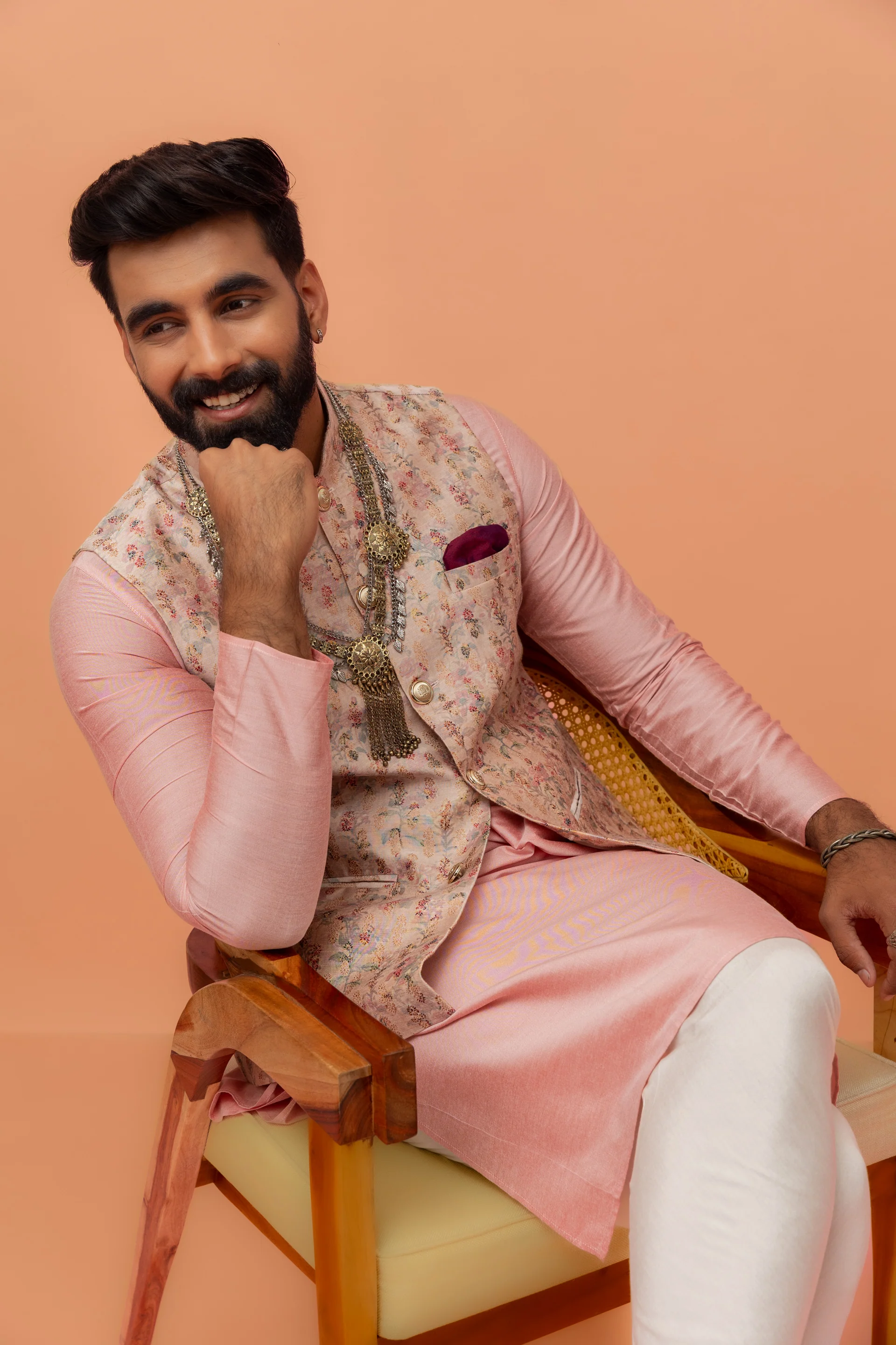 Light Pink Printed Nehru Jacket Kurta Churidar Set - Image 8
