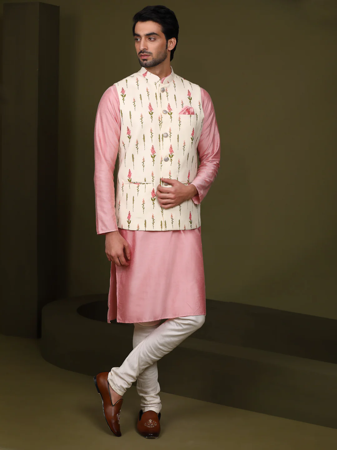 Men White Kurta Jacket Set - Image 2