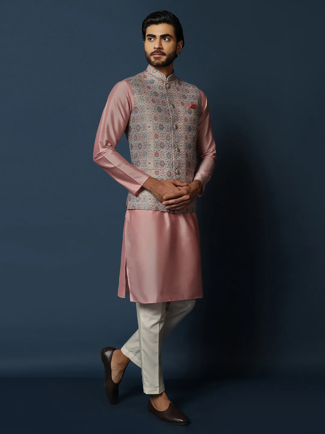 Grey Printed Silk Blend Nehru Jacket Kurta Trouser Set - Image 2