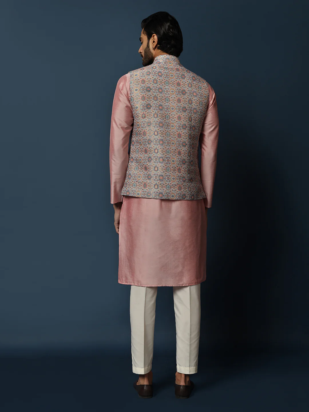 Grey Printed Silk Blend Nehru Jacket Kurta Trouser Set - Image 4