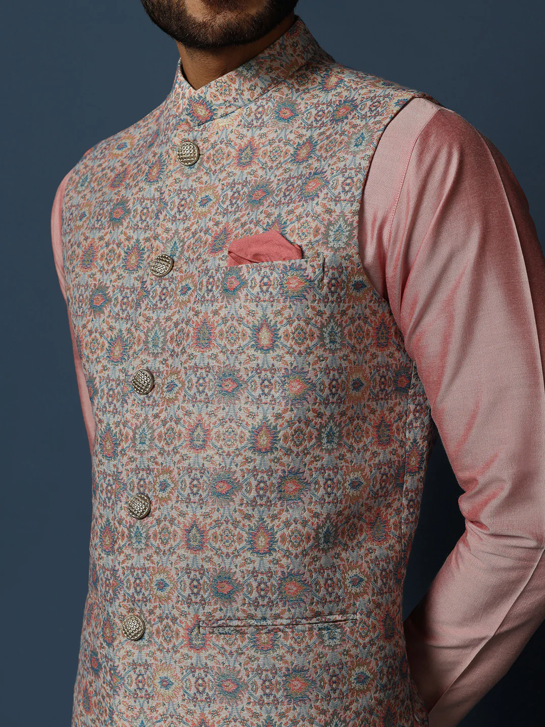 Grey Printed Silk Blend Nehru Jacket Kurta Trouser Set - Image 5