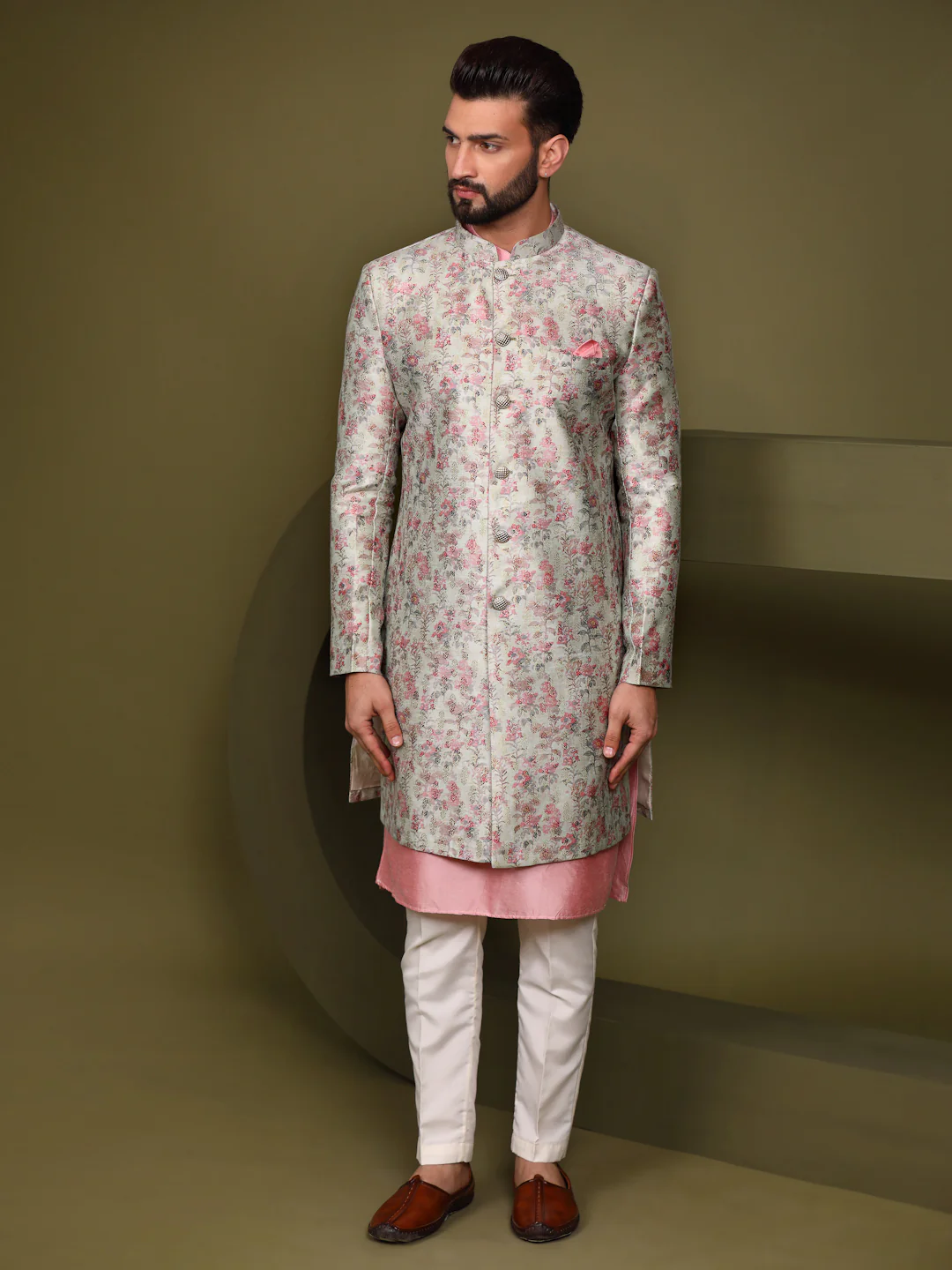 Cream Floral Silk Blend Sherwani Trouser Set - Image 4