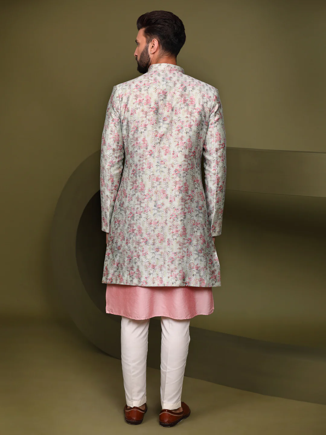 Cream Floral Silk Blend Sherwani Trouser Set - Image 5