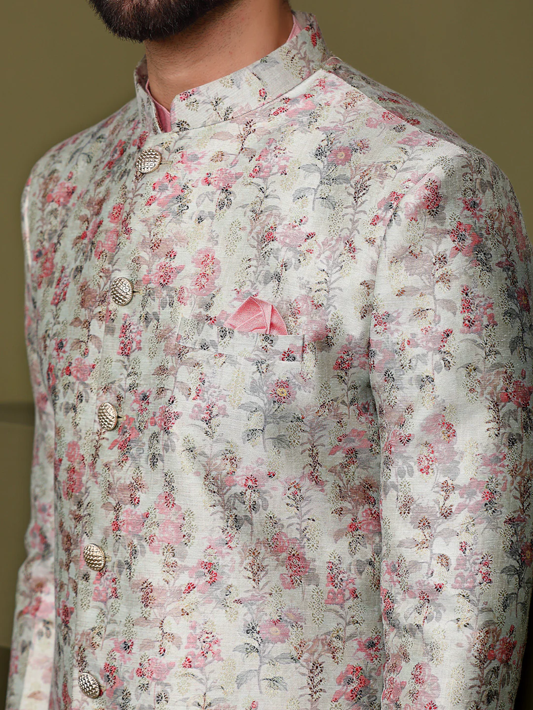 Cream Floral Silk Blend Sherwani Trouser Set - Image 7