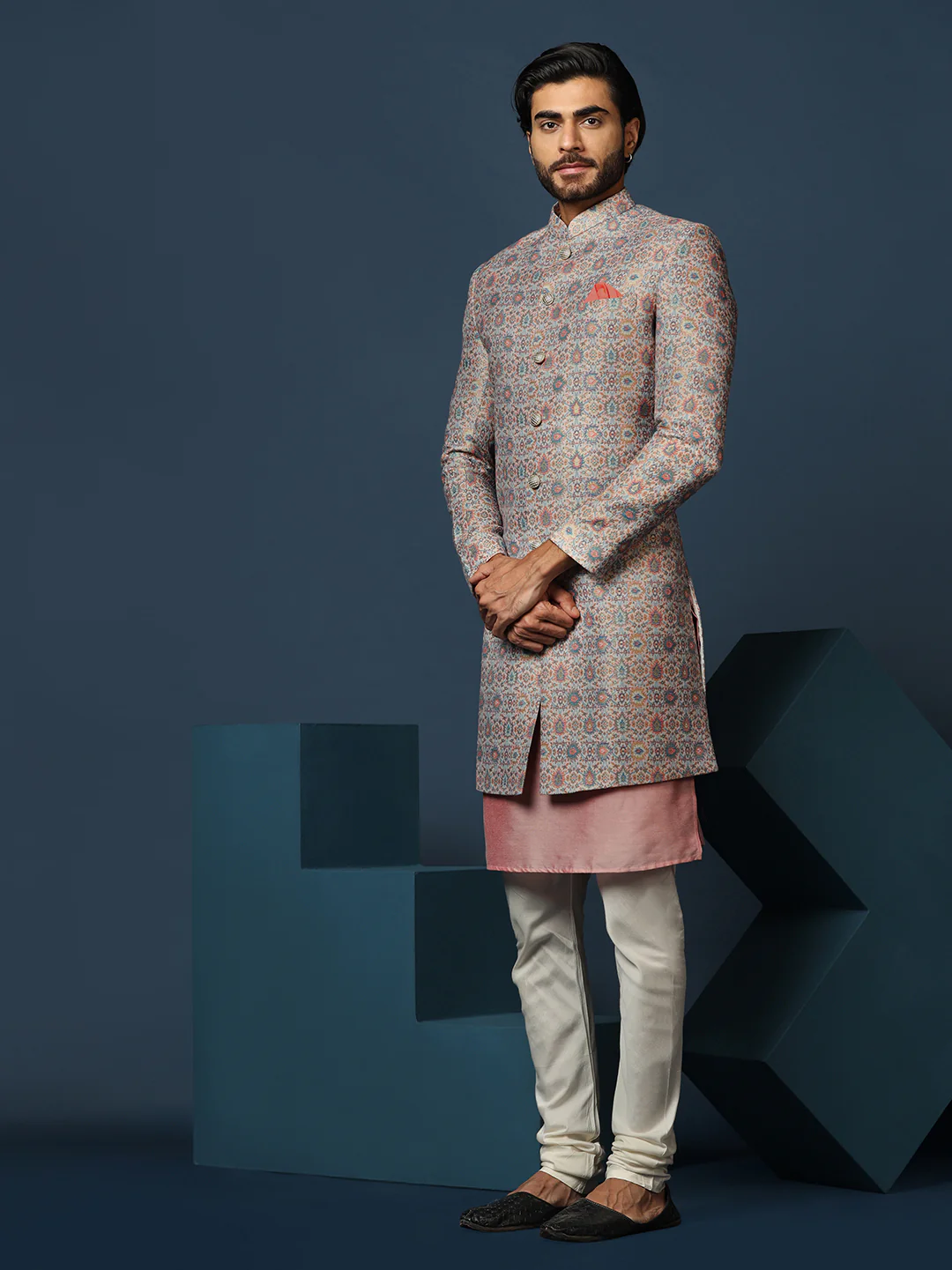 Pastel Cotton Silk Printed Sherwani Kurta Churidar Set - Image 3