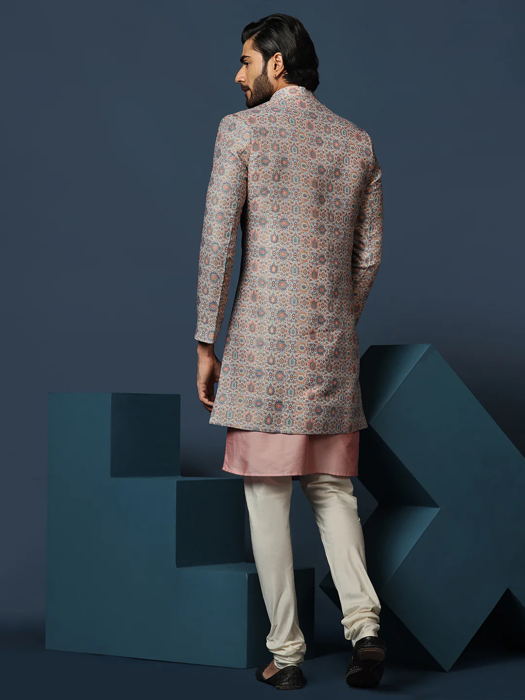 Pastel Cotton Silk Printed Sherwani Kurta Churidar Set - Image 4