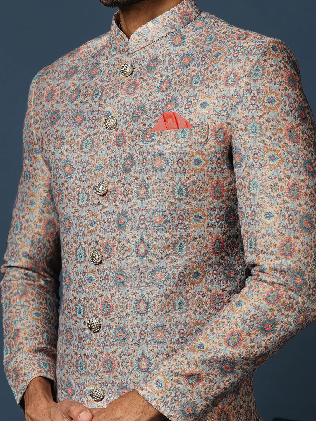Pastel Cotton Silk Printed Sherwani Kurta Churidar Set - Image 6