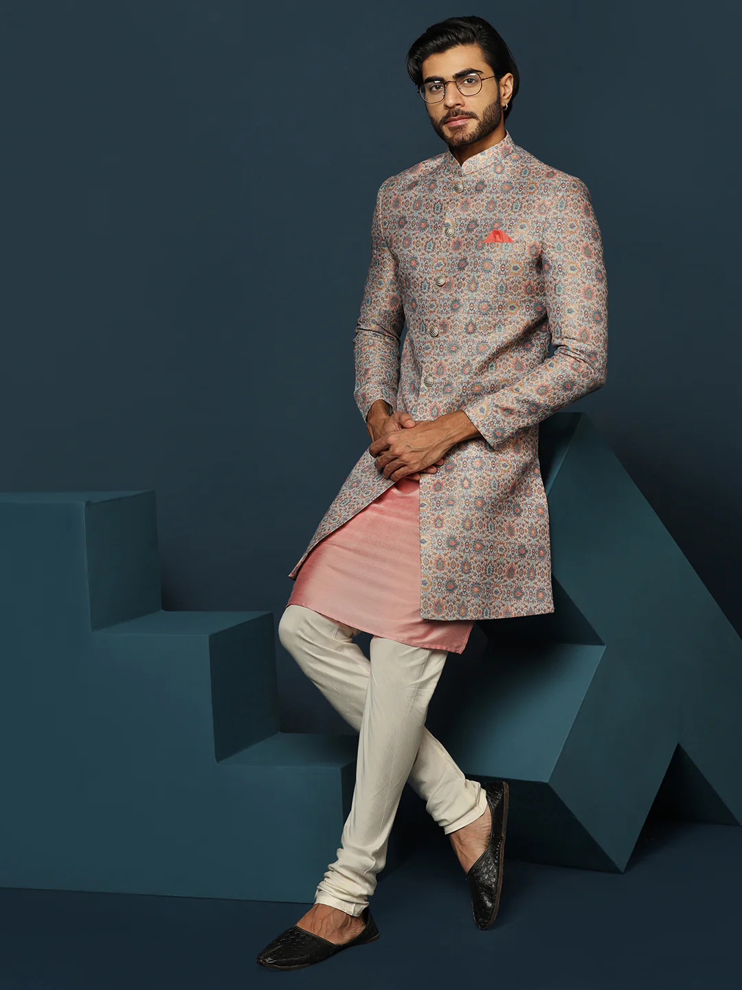 Pastel Cotton Silk Printed Sherwani Kurta Churidar Set - Image 8