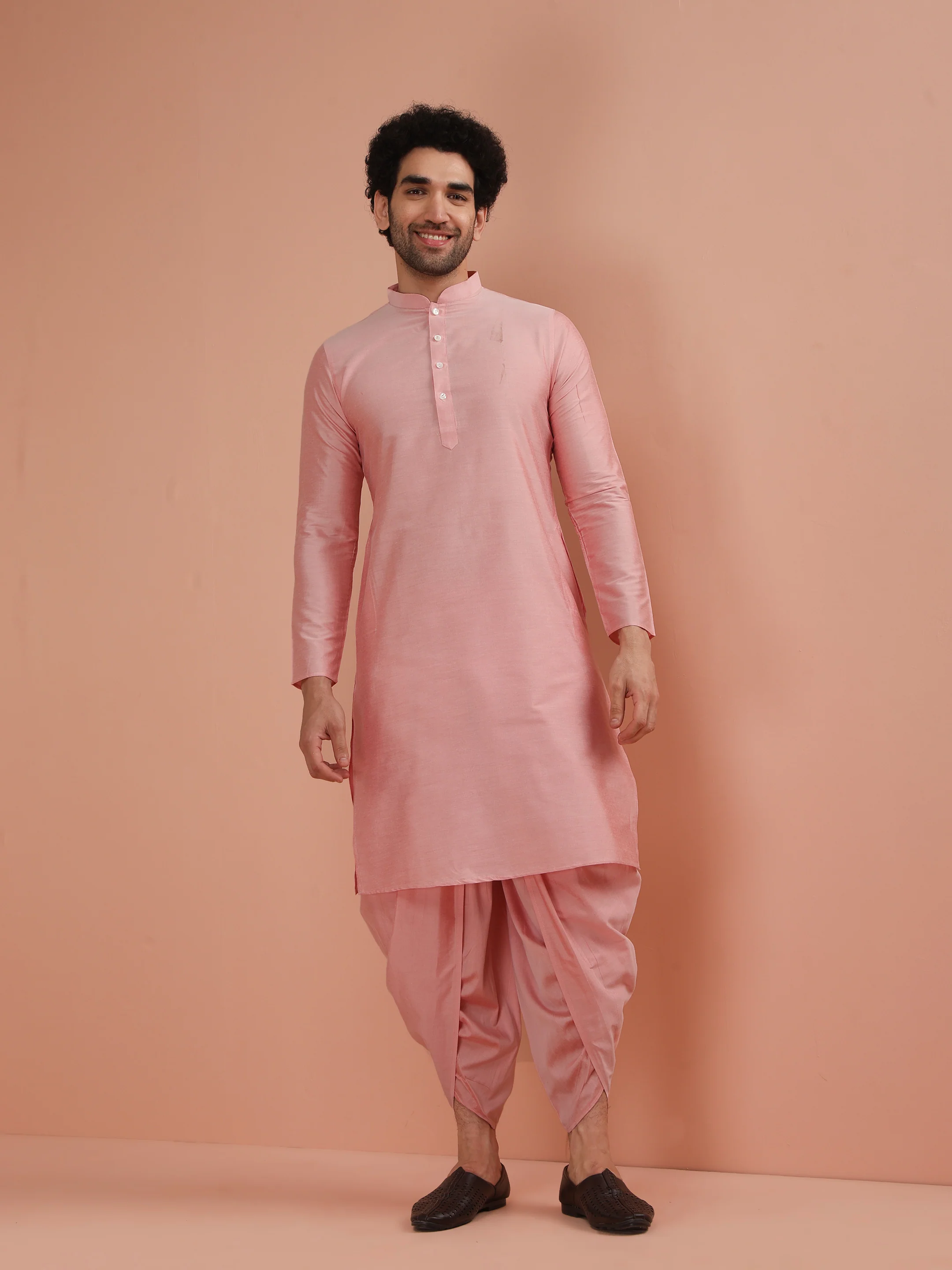 Pink Cotton Silk Printed Sherwani Kurta Dhoti Set - Image 7
