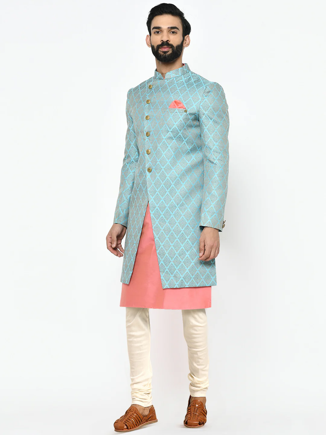 Men's Blue Indowestern Set With Kurta and Churidar - Image 3