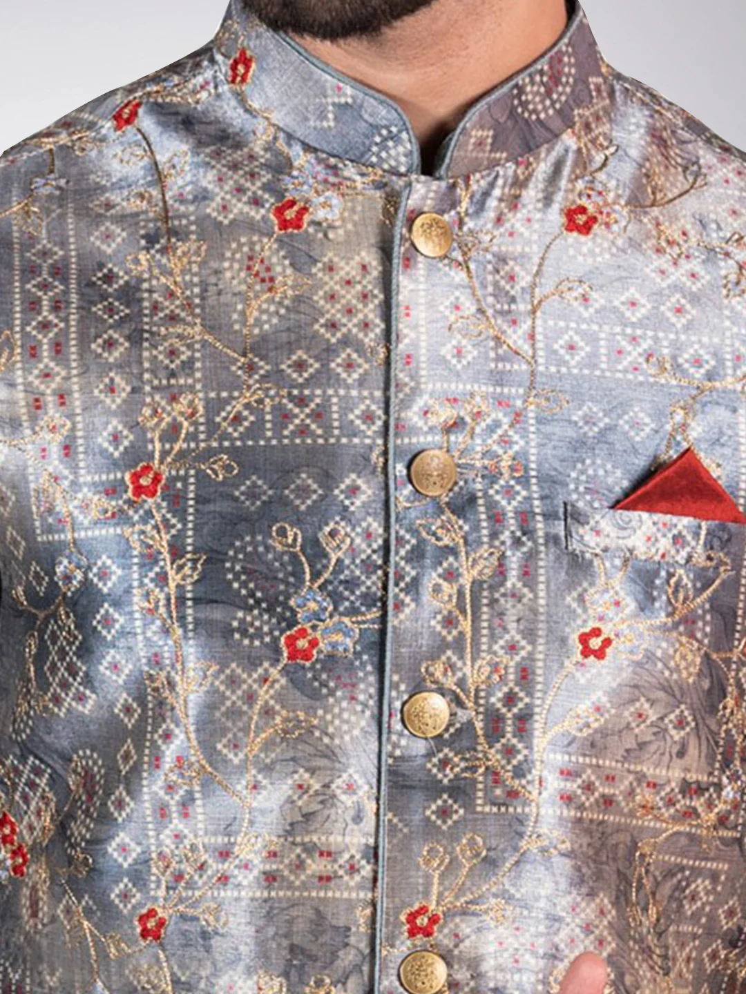 Men's Grey Kurta Jacket Dhoti Set - Image 4
