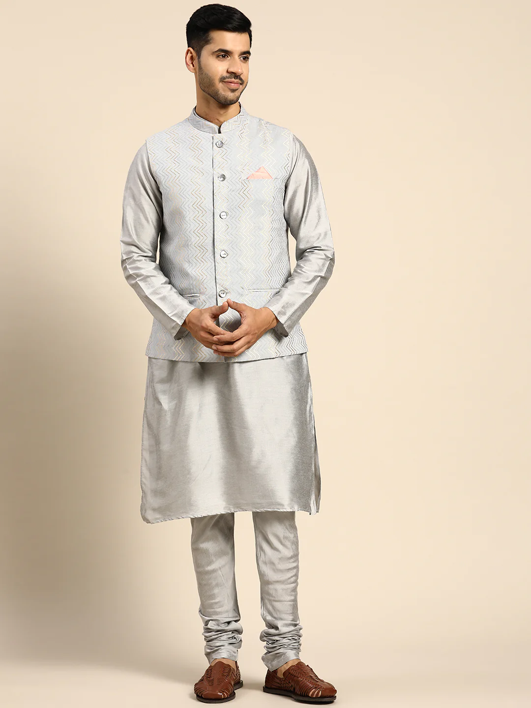 Men Grey Color Kurta Jacket Set - Image 7