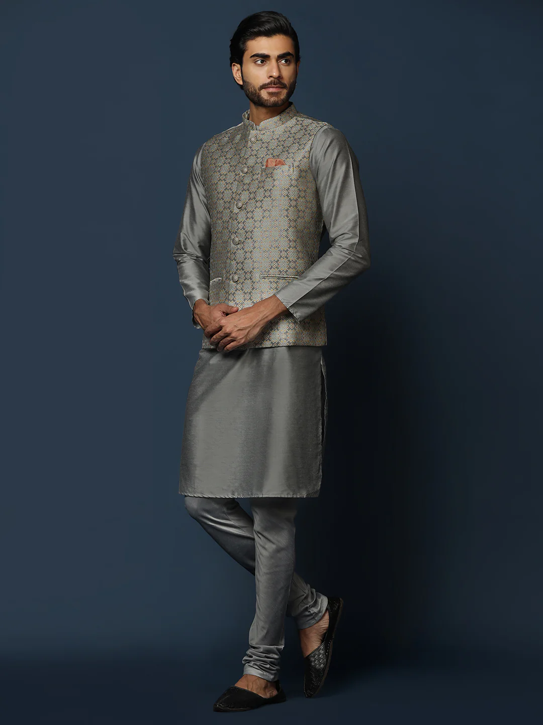 Grey Silk Blend Textured Nehru Jacket Kurta Churidar - Image 3