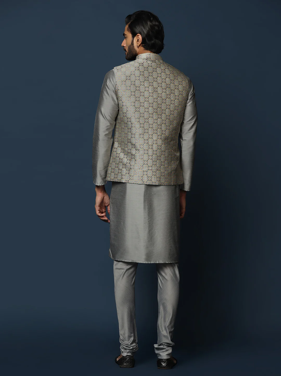 Grey Silk Blend Textured Nehru Jacket Kurta Churidar - Image 4