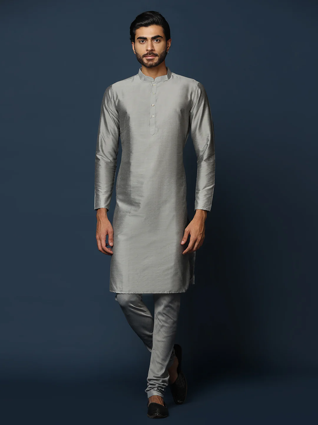 Grey Silk Blend Textured Nehru Jacket Kurta Churidar - Image 5