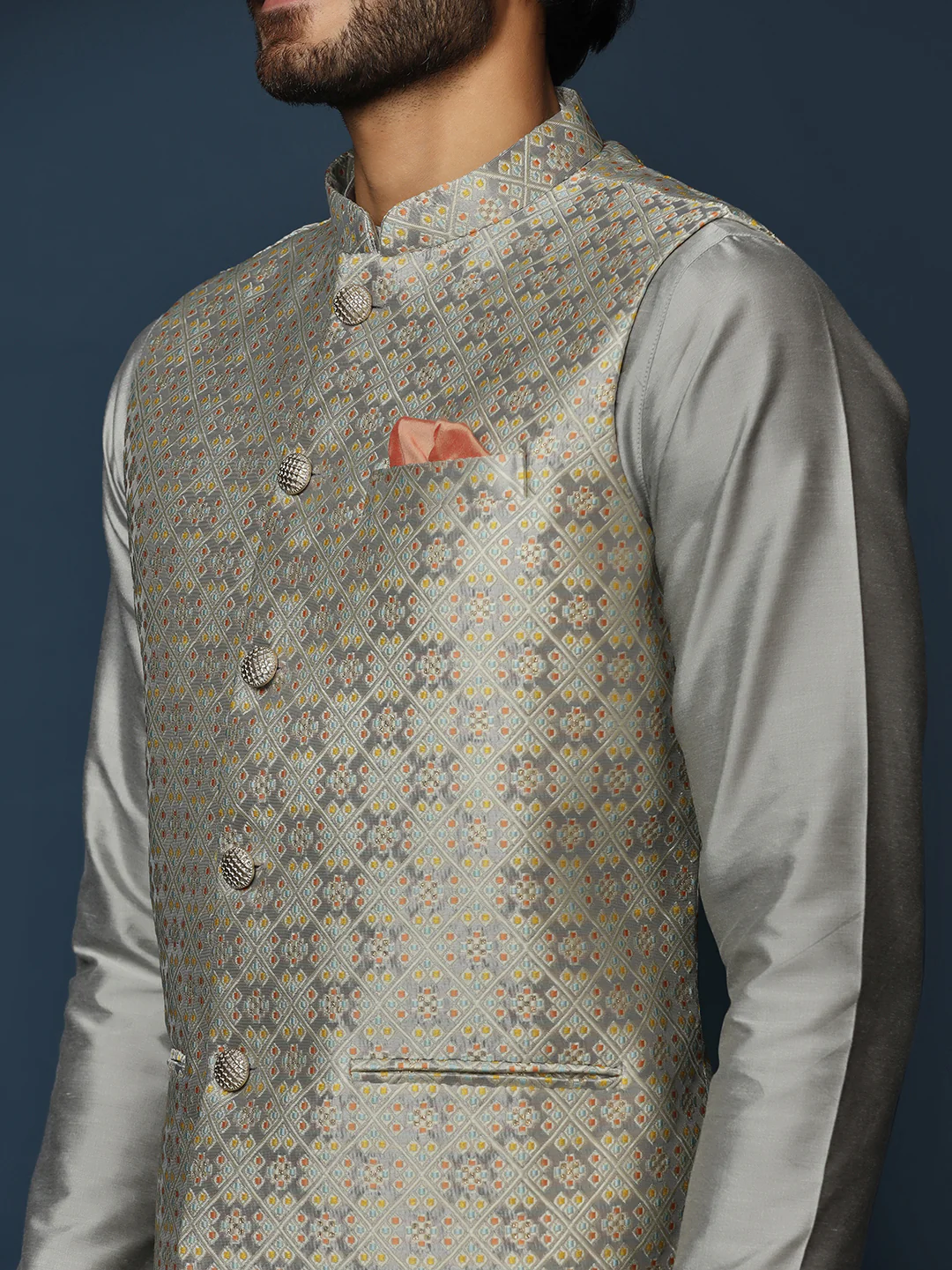 Grey Silk Blend Textured Nehru Jacket Kurta Churidar - Image 6