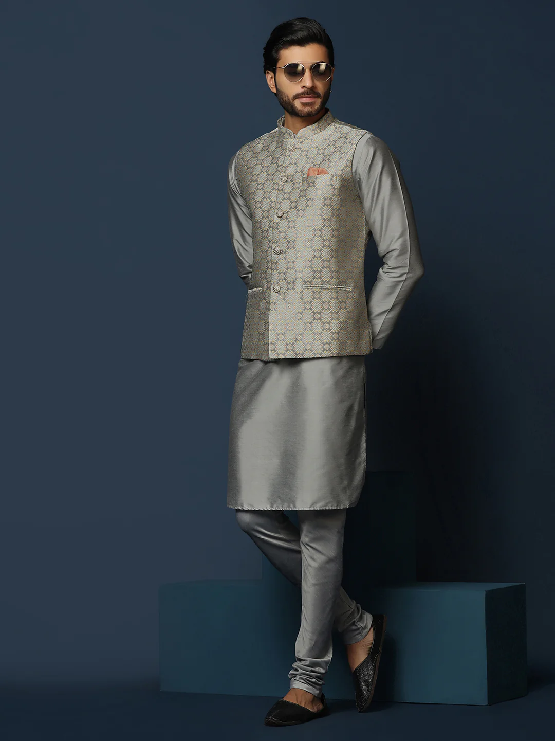 Grey Silk Blend Textured Nehru Jacket Kurta Churidar - Image 8