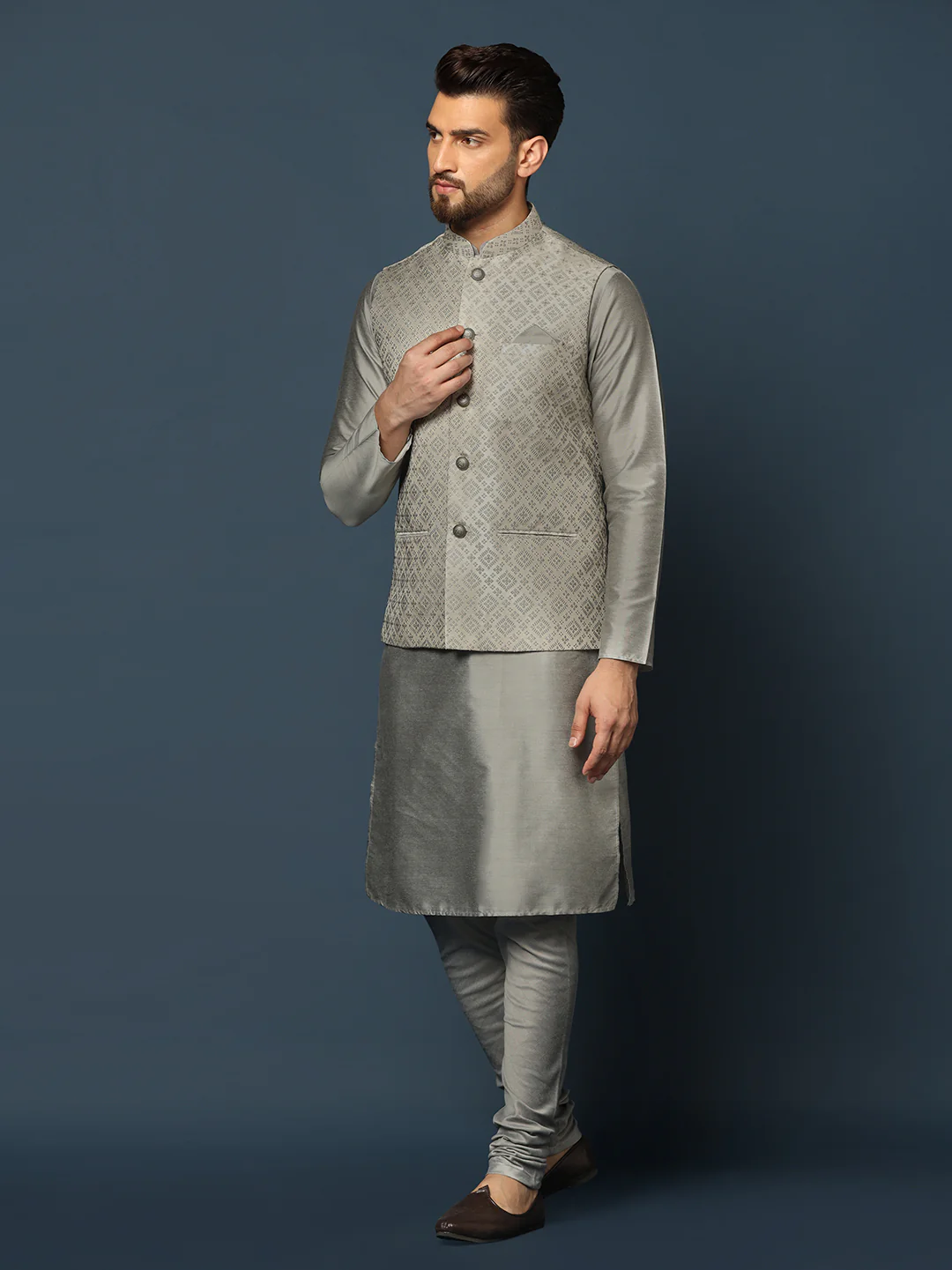 Grey Silk Blend Textured Nehru Jacket Set with Kurta & Churidar - Image 3