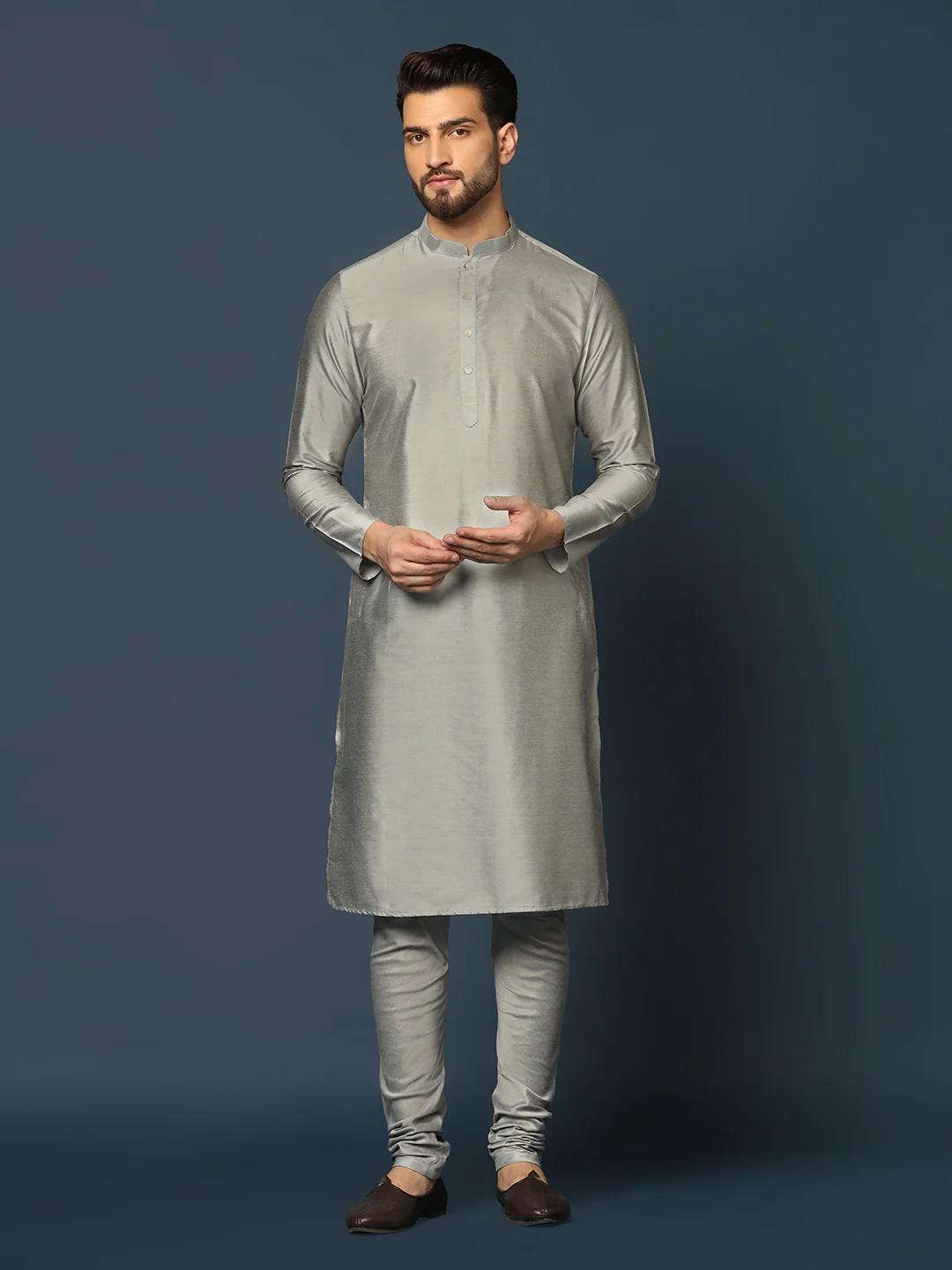 Grey Silk Blend Textured Nehru Jacket Set with Kurta & Churidar - Image 5