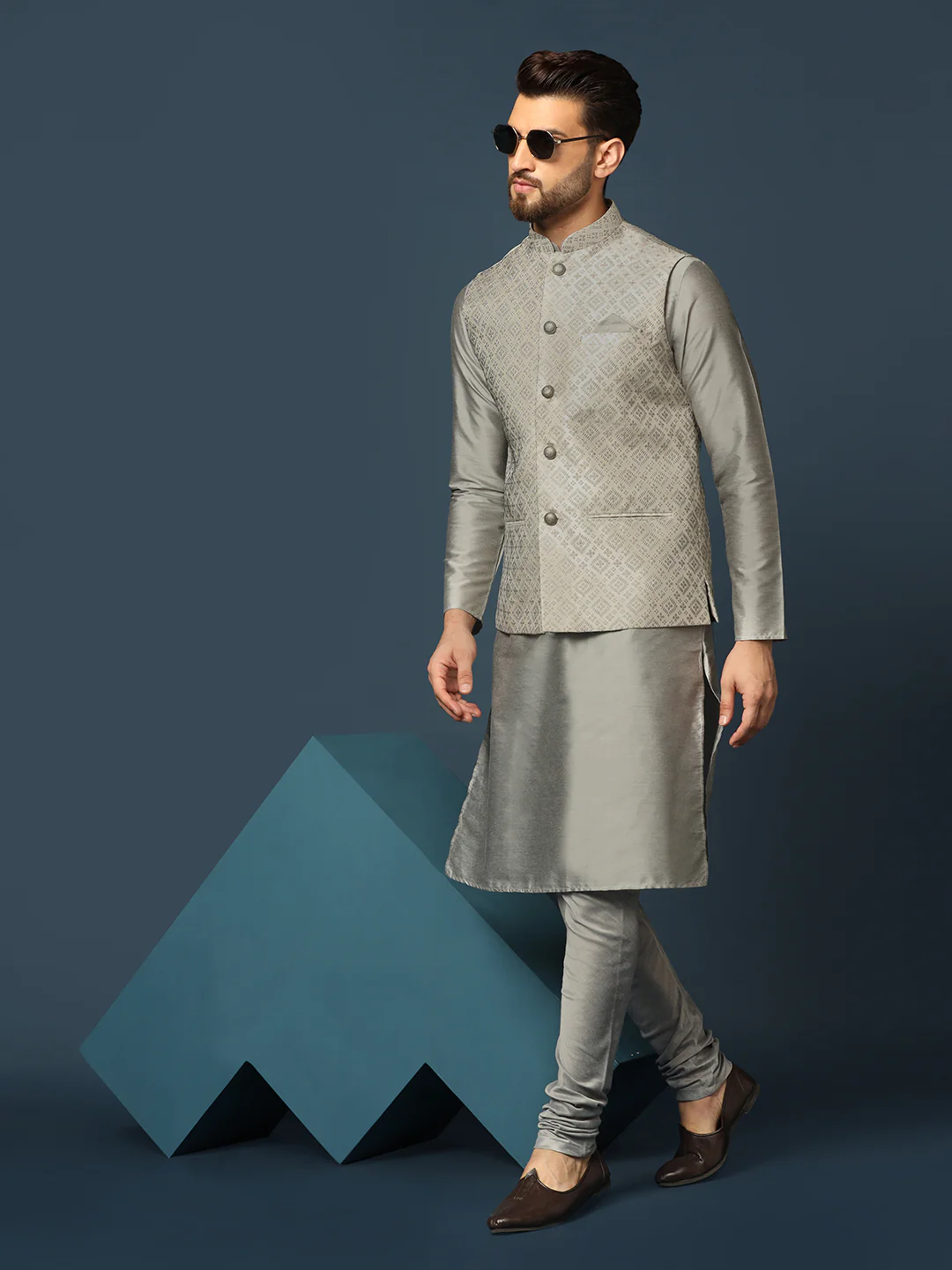 Grey Silk Blend Textured Nehru Jacket Set with Kurta & Churidar - Image 8