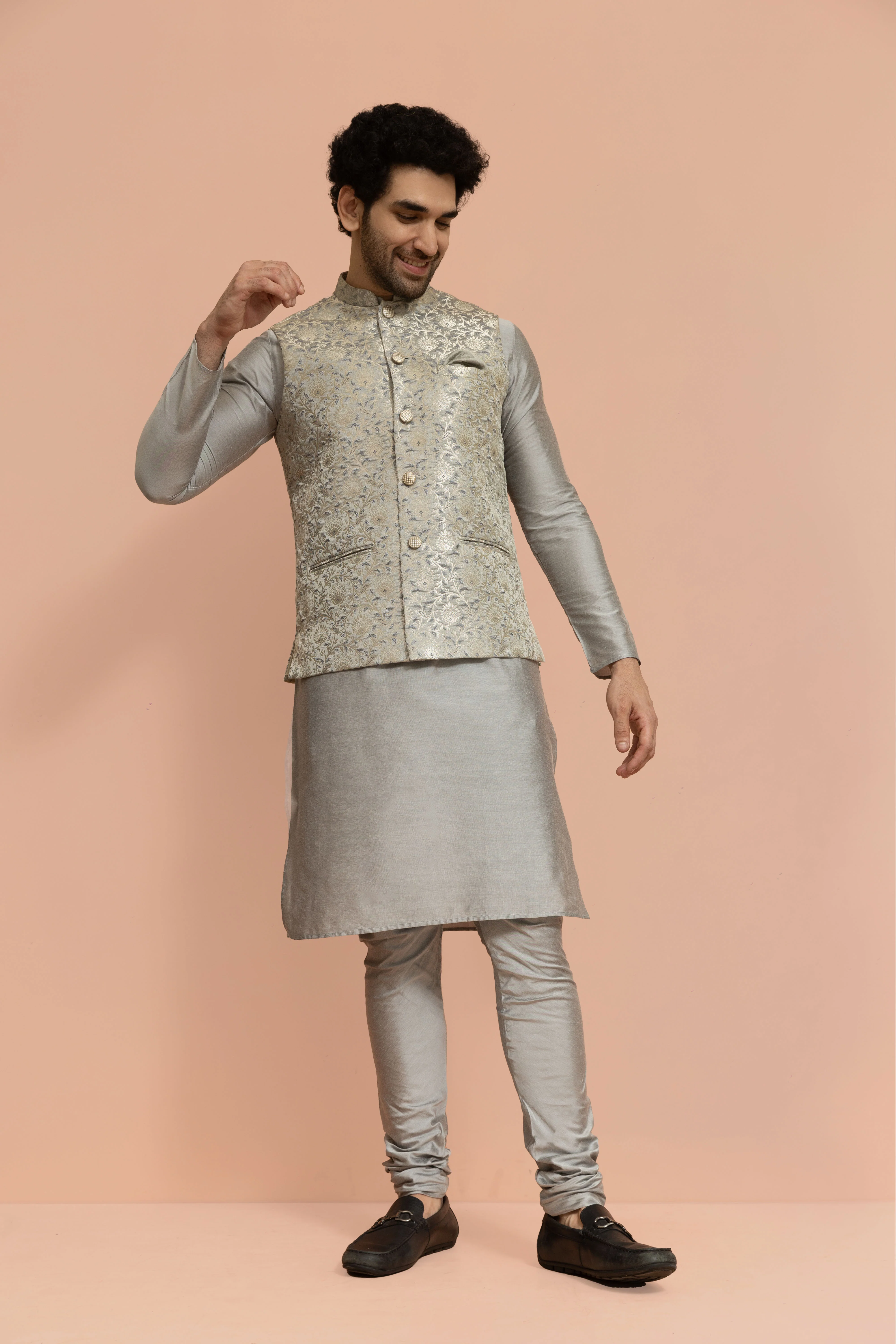 Grey Jacquard Nehru Jacket Kurta Set - Image 2