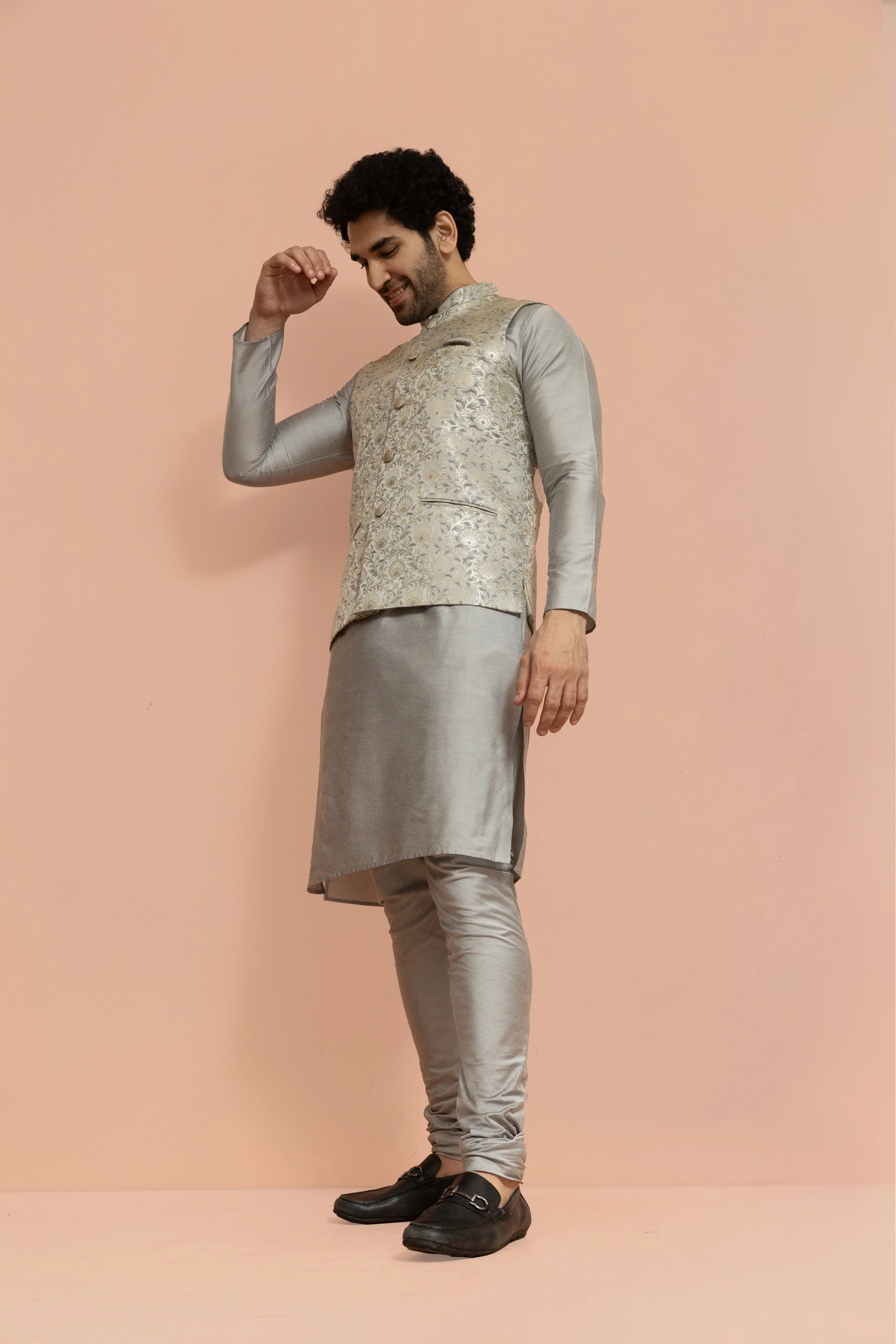 Grey Jacquard Nehru Jacket Kurta Set - Image 3