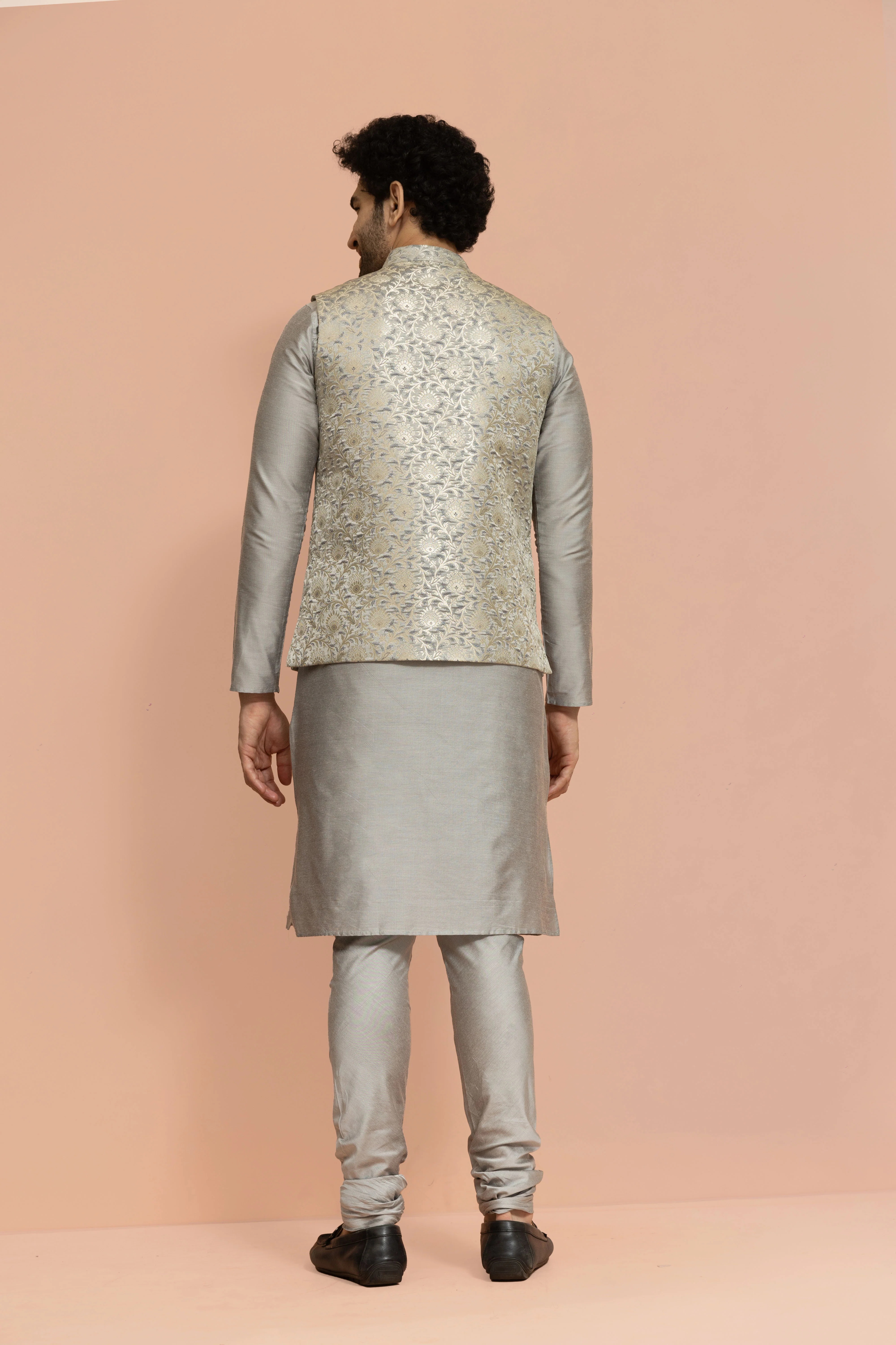 Grey Jacquard Nehru Jacket Kurta Set - Image 5