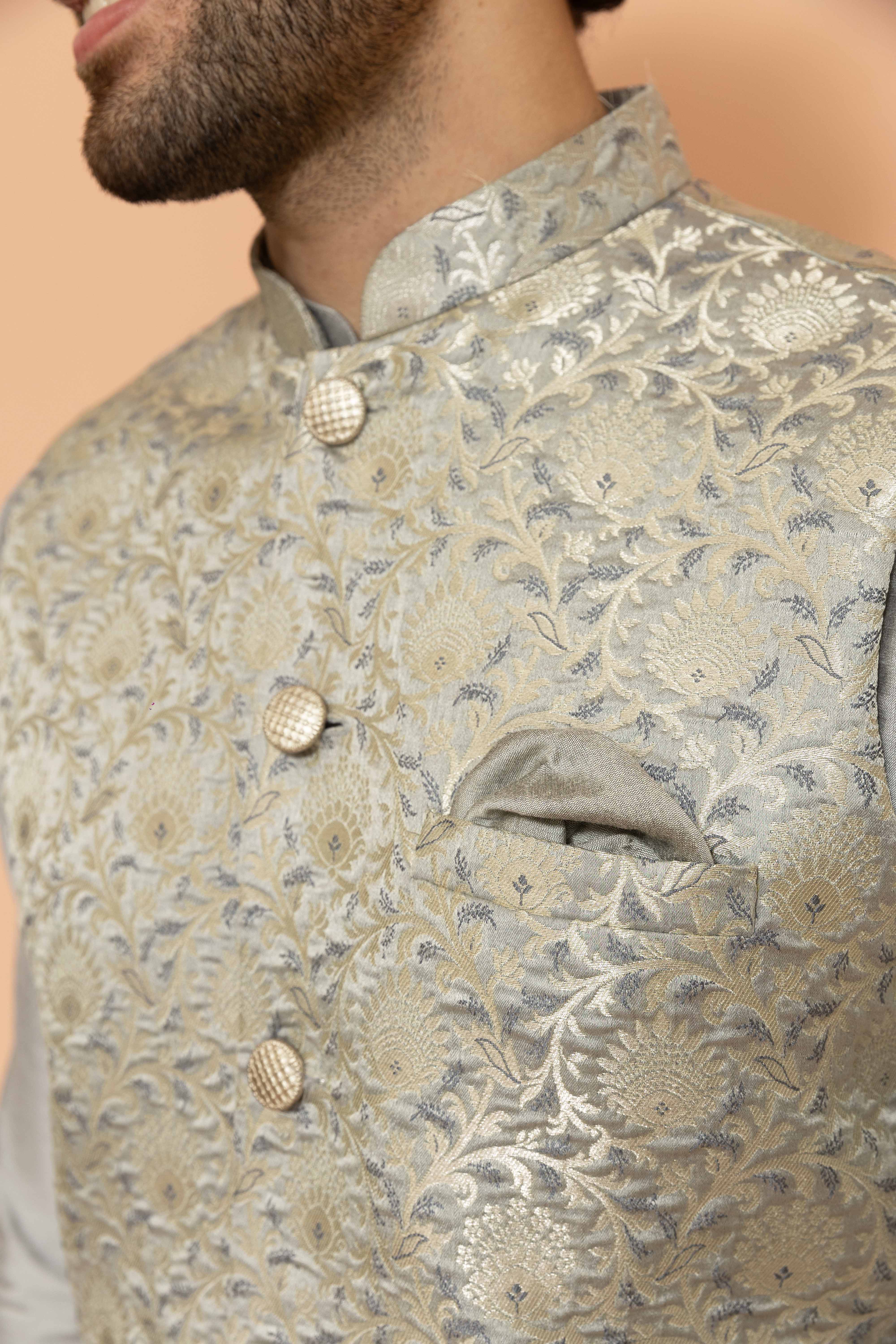 Grey Jacquard Nehru Jacket Kurta Set - Image 6