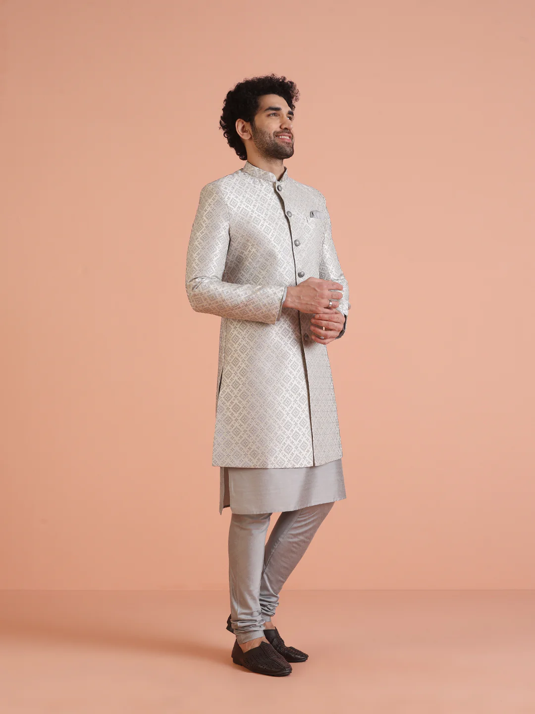 Silver Grey Silk Blend Woven Sherwani Kurta Churidar Set - Image 2