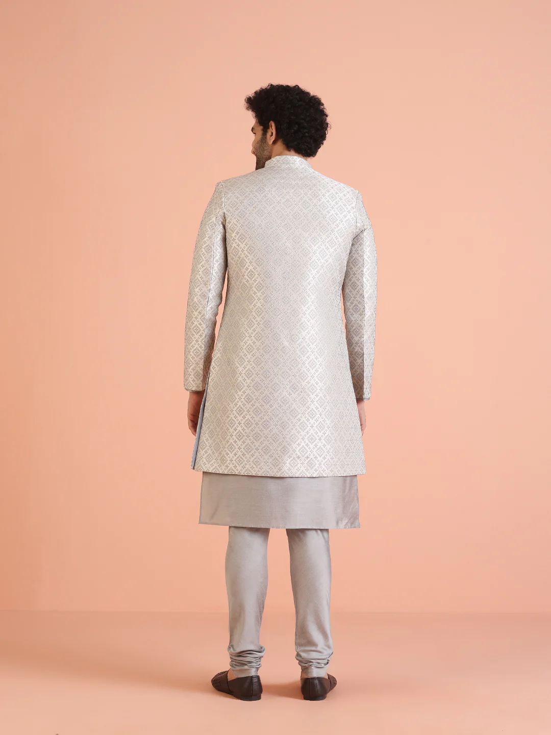 Silver Grey Silk Blend Woven Sherwani Kurta Churidar Set - Image 4