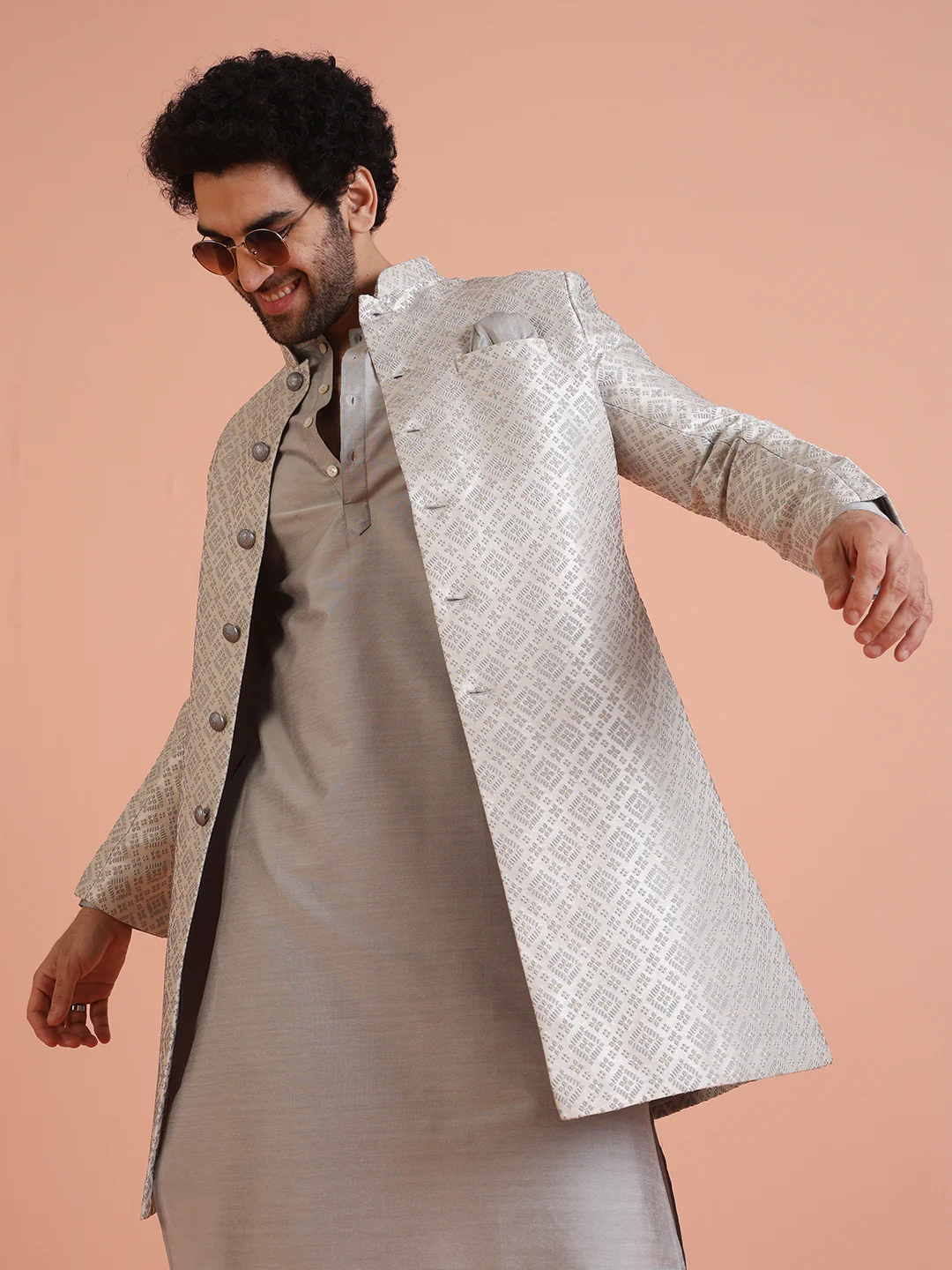 Silver Grey Silk Blend Woven Sherwani Kurta Churidar Set - Image 8