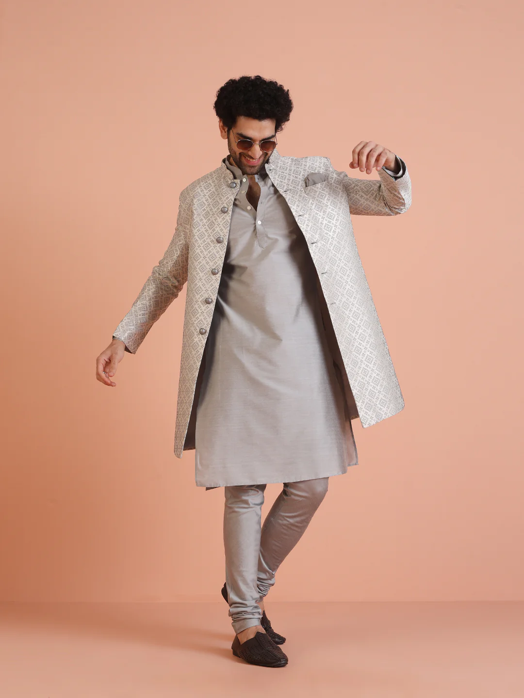 Silver Grey Silk Blend Woven Sherwani Kurta Churidar Set - Image 9